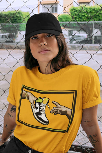 Jordan 1 Volt Gold Sneaker Match Tees Adam's Creation Sneaker Tees Jordan 1 Volt Gold Sneaker Release Tees Unisex Shirts