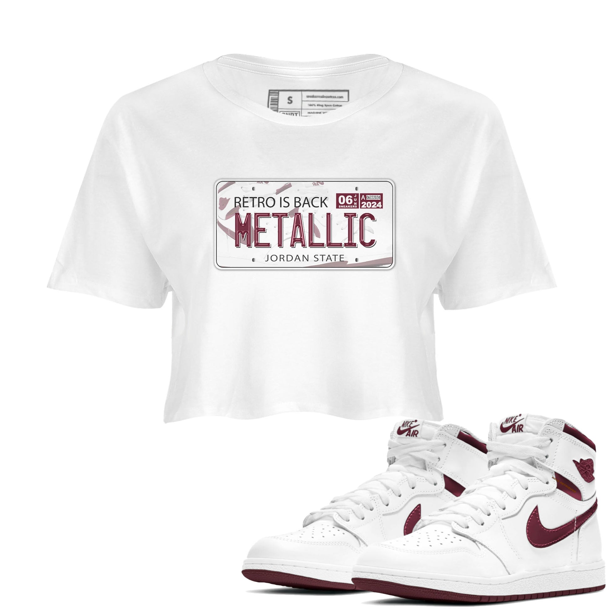 AJ1 Metalic Burgundy shirt to match jordans Jordan Plate sneaker tees Air Jordan 1 Metalic Burgundy SNRT Sneaker Release Tees White 1 crop length shirt