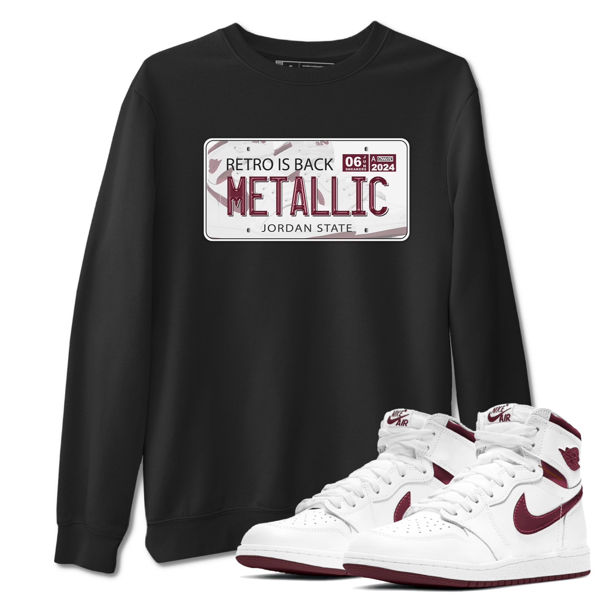 AJ1 Metalic Burgundy shirt to match jordans Jordan Plate sneaker tees Air Jordan 1 Metalic Burgundy SNRT Sneaker Release Tees unisex cotton Black 1 crew neck shirt