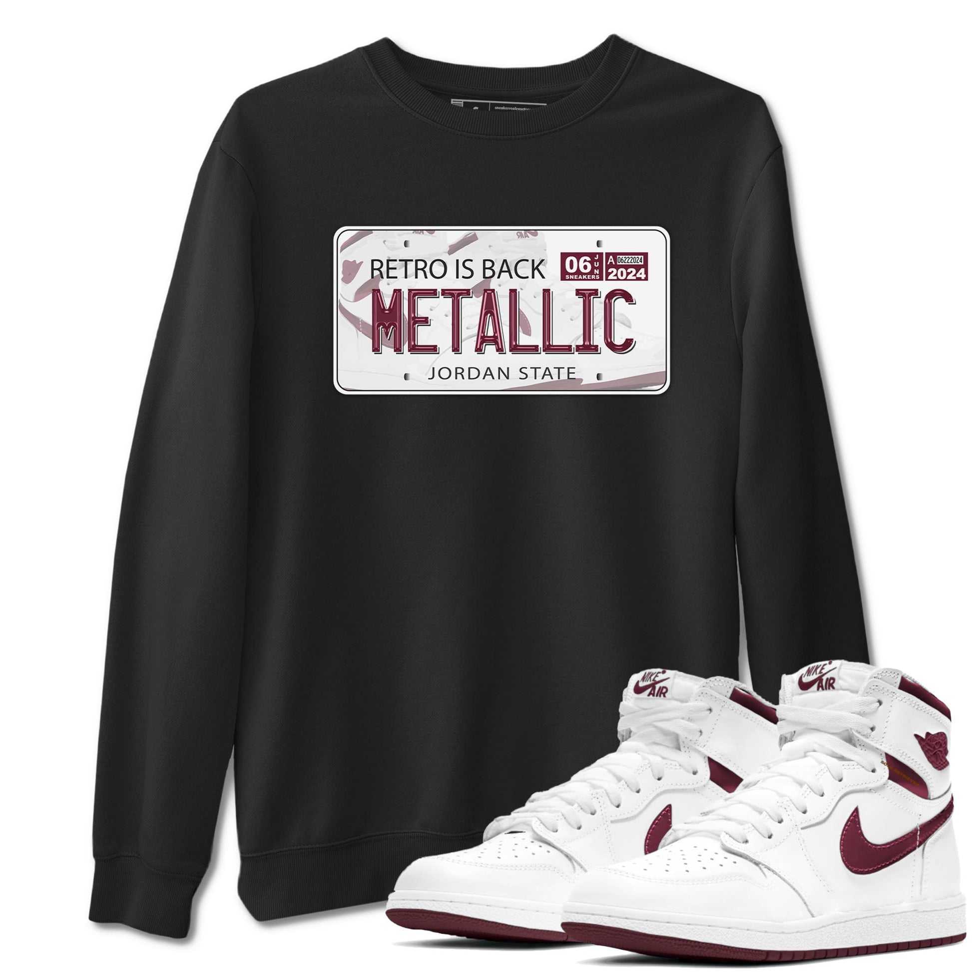 AJ1 Metalic Burgundy shirt to match jordans Jordan Plate sneaker tees Air Jordan 1 Metalic Burgundy SNRT Sneaker Release Tees unisex cotton Black 1 crew neck shirt