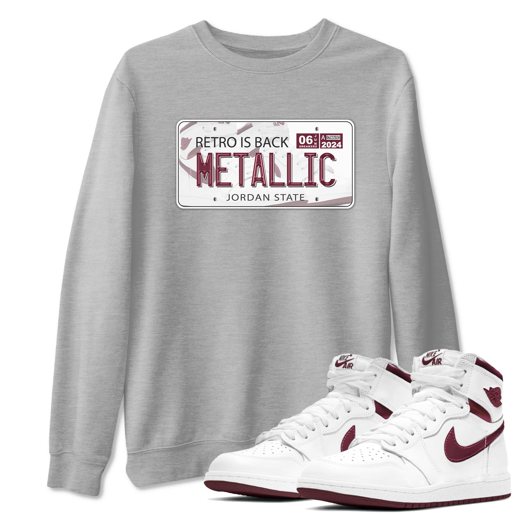 AJ1 Metalic Burgundy shirt to match jordans Jordan Plate sneaker tees Air Jordan 1 Metalic Burgundy SNRT Sneaker Release Tees unisex cotton Heather Grey 1 crew neck shirt