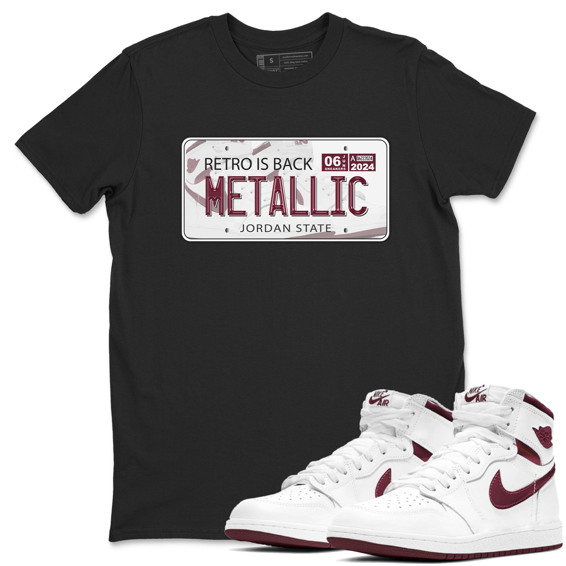 AJ1 Metalic Burgundy shirt to match jordans Jordan Plate sneaker tees Air Jordan 1 Metalic Burgundy SNRT Sneaker Release Tees unisex cotton Black 1 crew neck shirt