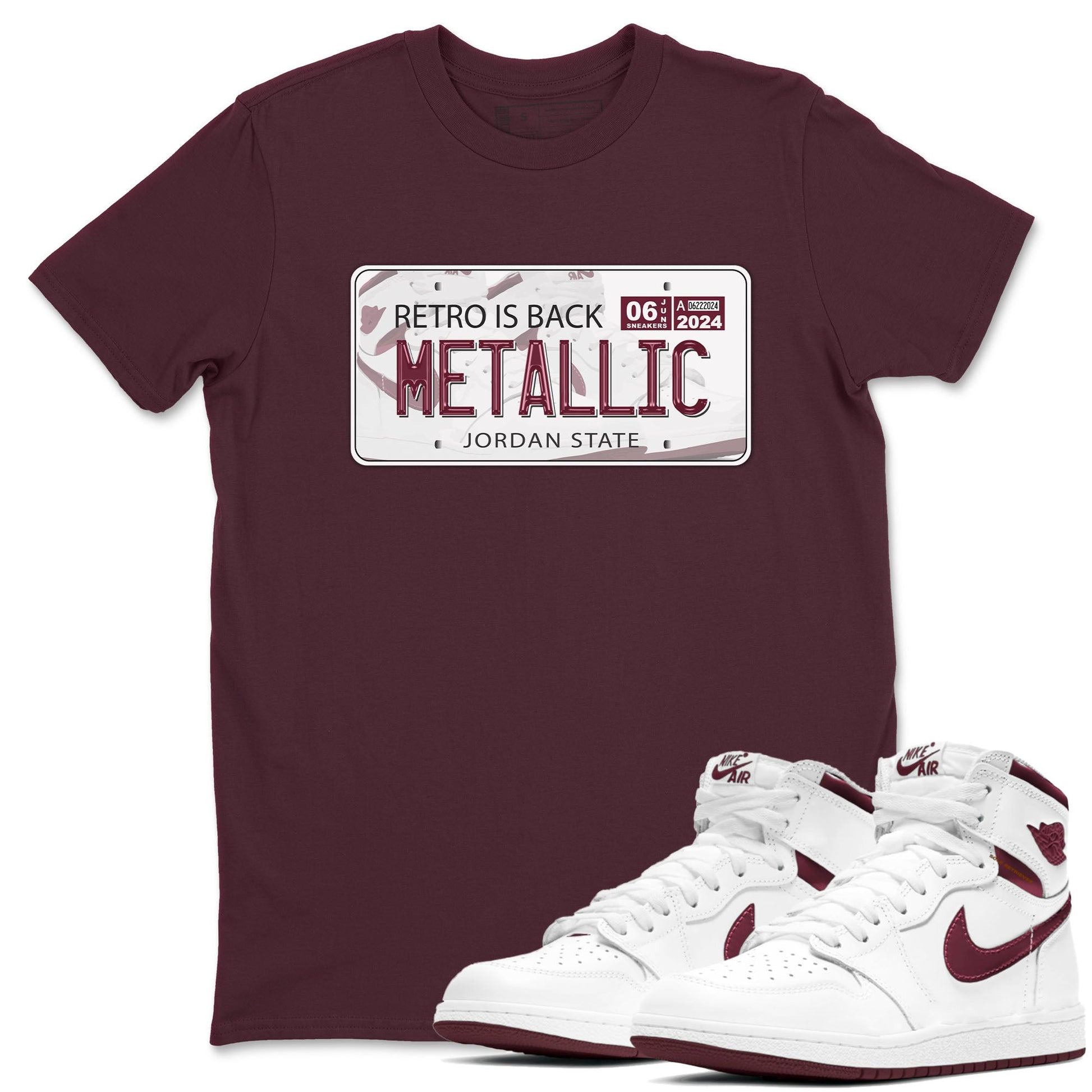 AJ1 Metalic Burgundy shirt to match jordans Jordan Plate sneaker tees Air Jordan 1 Metalic Burgundy SNRT Sneaker Release Tees unisex cotton Maroon 1 crew neck shirt