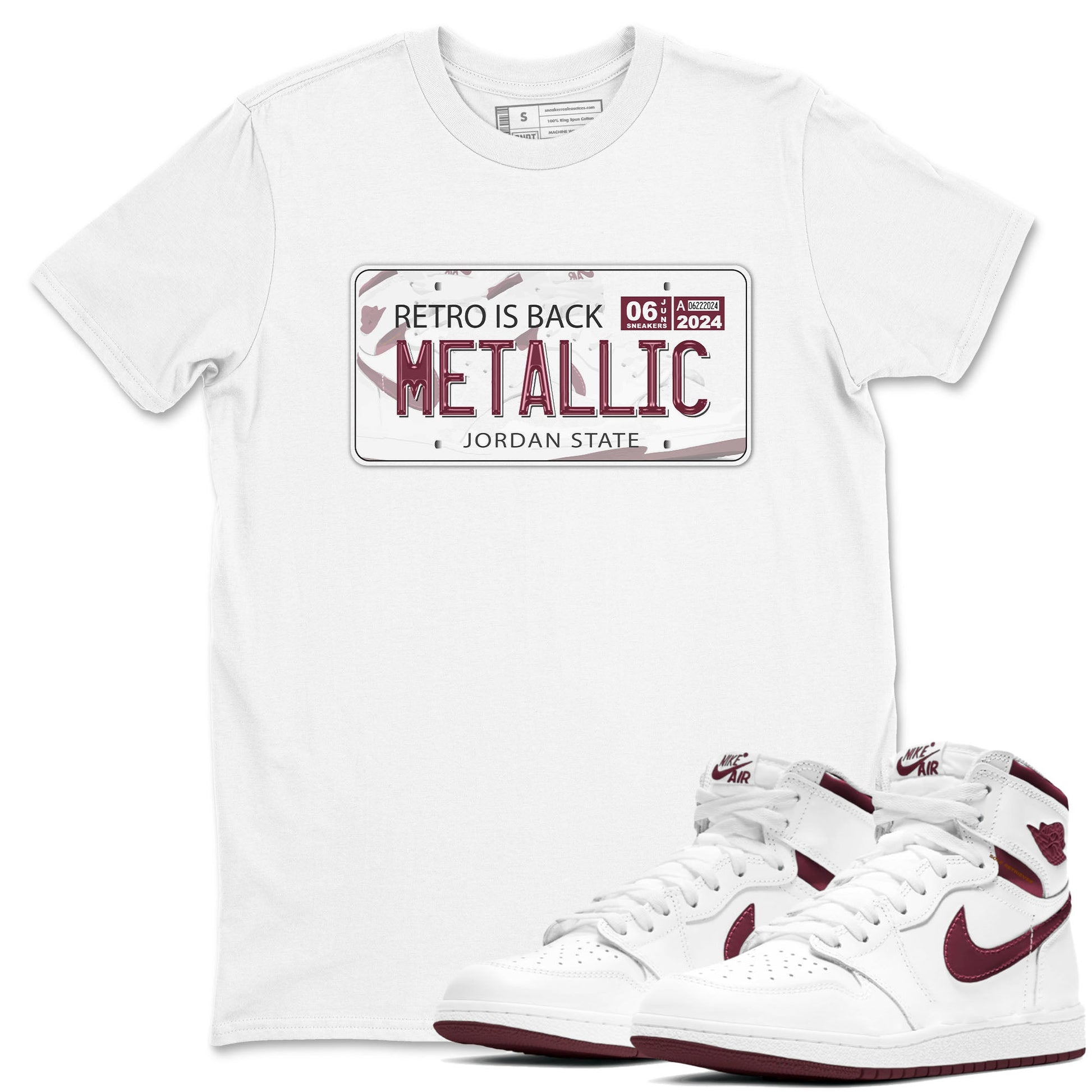 AJ1 Metalic Burgundy shirt to match jordans Jordan Plate sneaker tees Air Jordan 1 Metalic Burgundy SNRT Sneaker Release Tees unisex cotton White 1 crew neck shirt