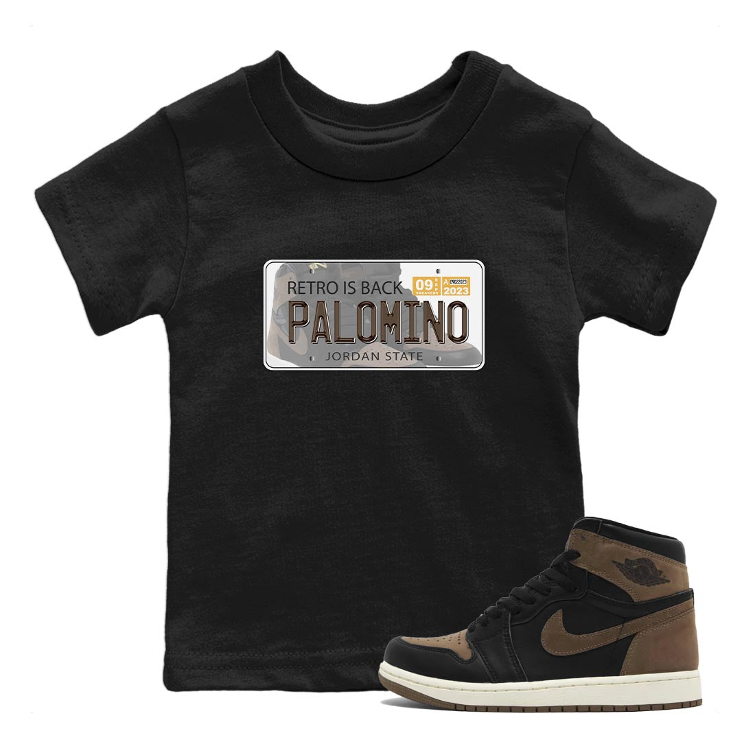 Air Jordan 1 Palomino shirt to match jordans Jordan Plate sneaker tees Crew Neck Jordan 1 Retro High OG Palomino SNRT Sneaker Release Tees Baby Toddler Black 1 T-Shirt