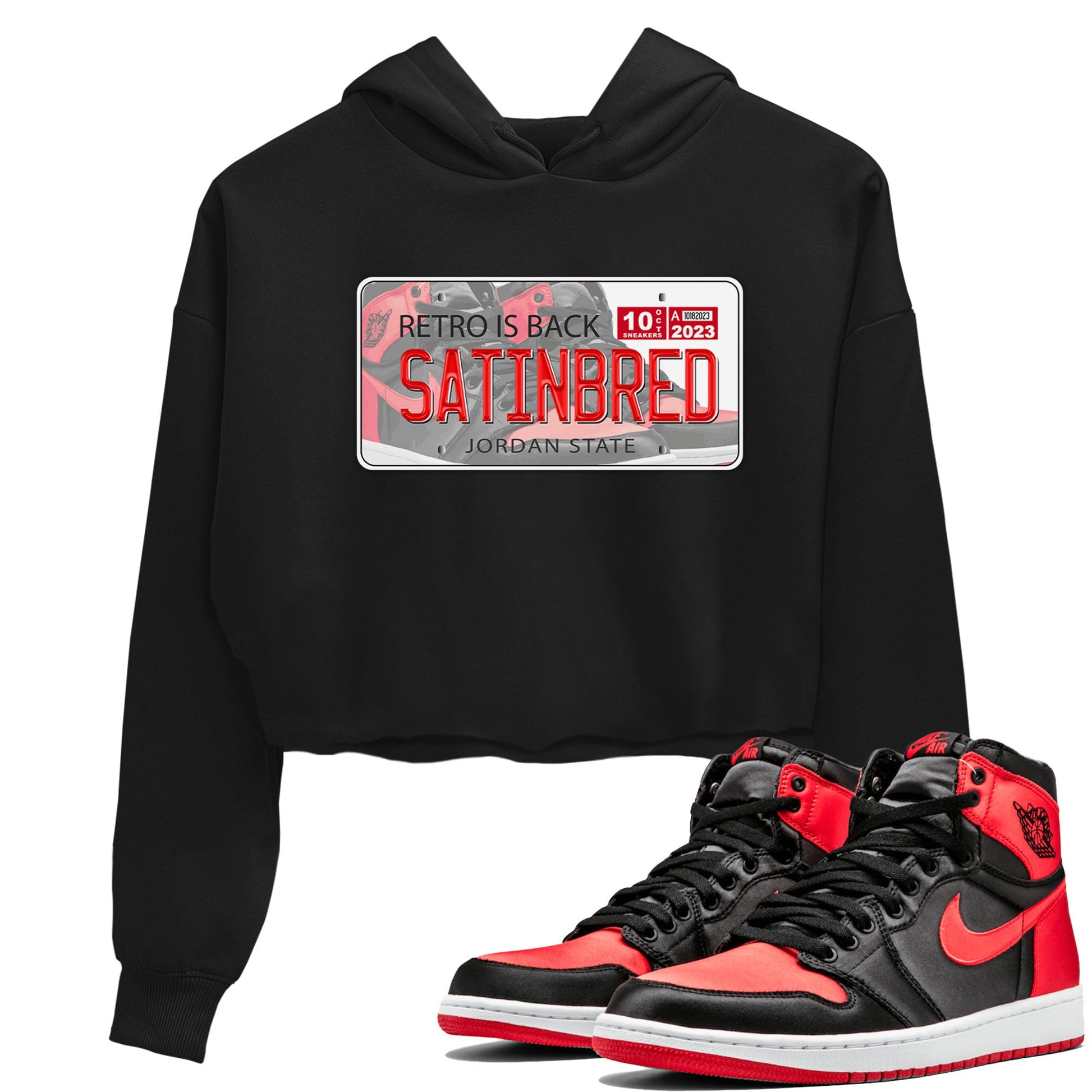 Air Jordan 1 Satin Bred shirt to match jordans Jordan Plate sneaker tees AJ1 Retro Satin Bred SNRT Sneaker Tees Sneaker Matching Clothing Brand Black 1 Crop T-Shirt