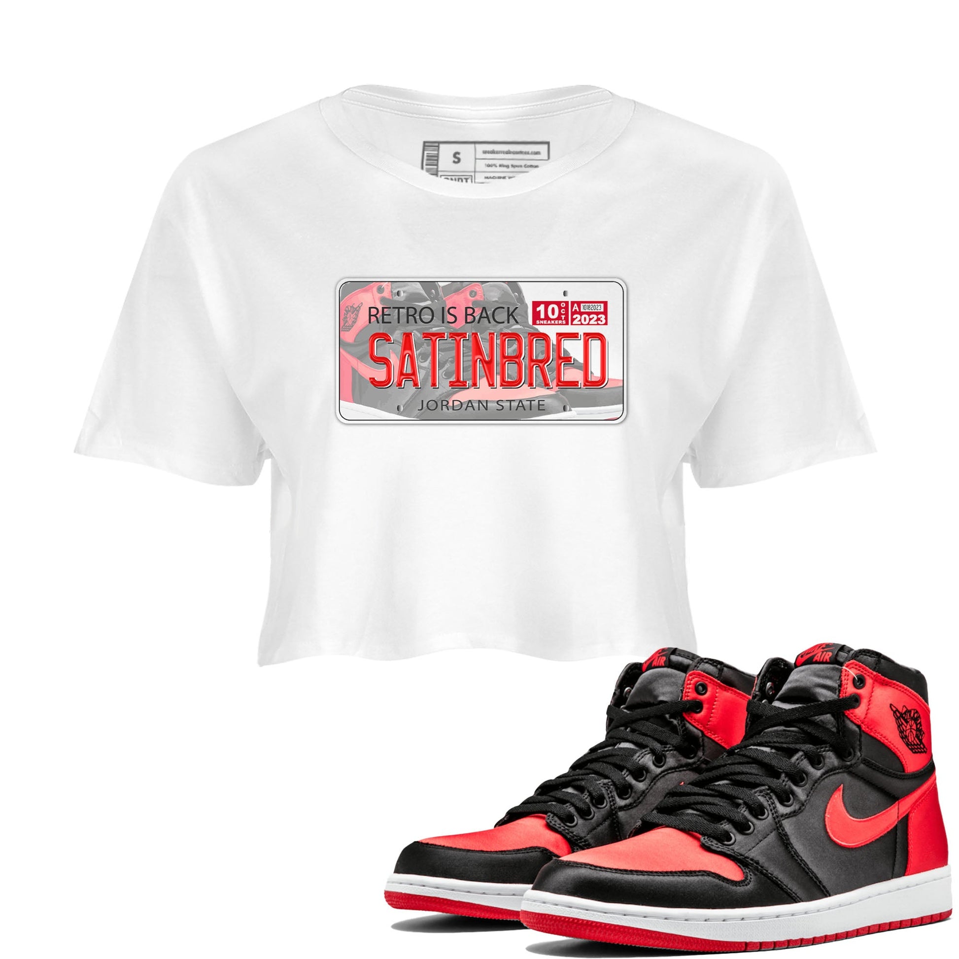 Air Jordan 1 Satin Bred shirt to match jordans Jordan Plate sneaker tees AJ1 Retro Satin Bred SNRT Sneaker Tees Sneaker Matching Clothing Brand White 1 Crop T-Shirt