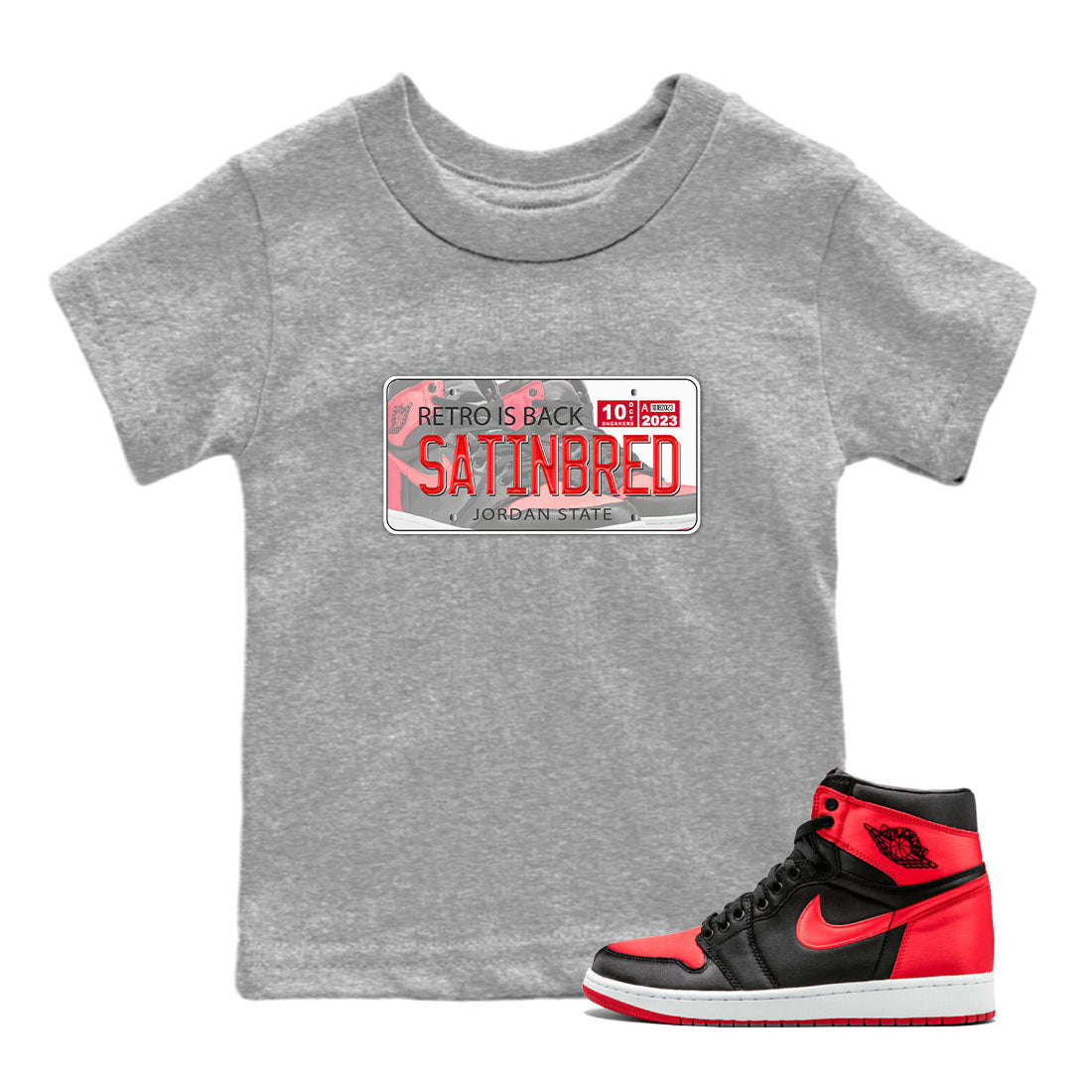 Air Jordan 1 Satin Bred shirt to match jordans Jordan Plate sneaker tees AJ1 Retro Satin Bred SNRT Sneaker Tees Sneaker Matching Clothing Brand Baby Toddler Heather Grey 1 T-Shirt