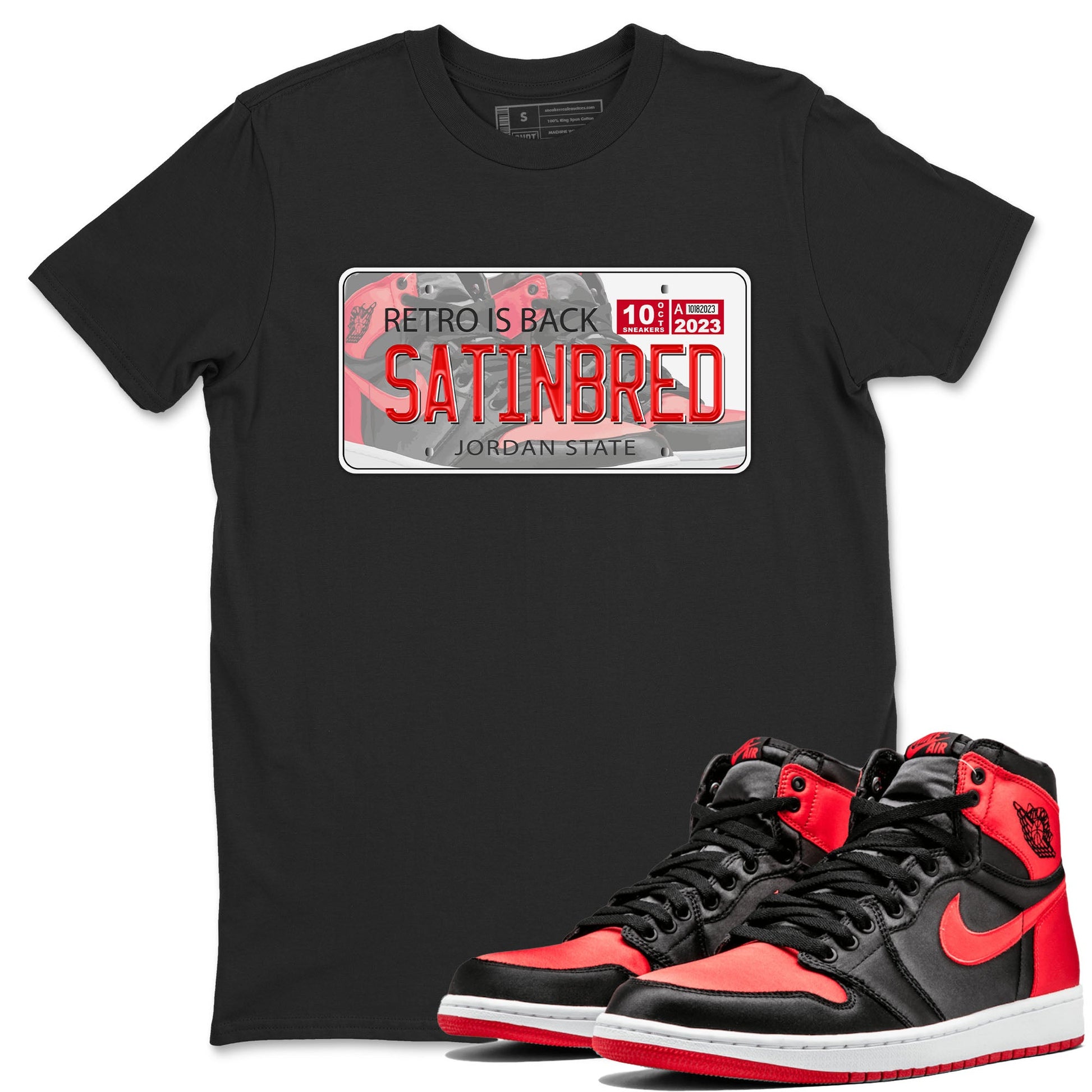 Air Jordan 1 Satin Bred shirt to match jordans Jordan Plate sneaker tees AJ1 Retro Satin Bred SNRT Sneaker Tees Sneaker Matching Clothing Brand Unisex Sneaker Tee Black 1 T-Shirt