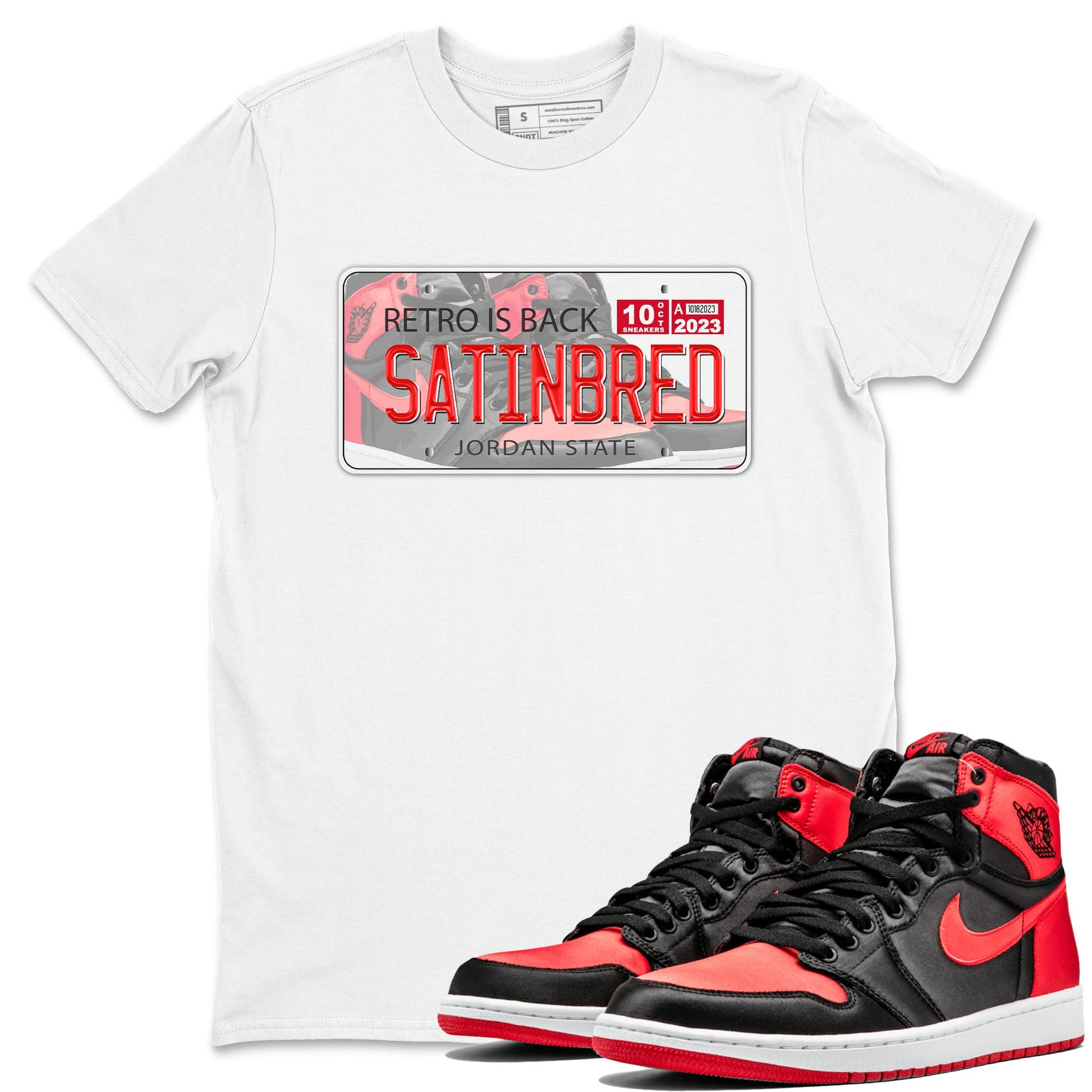 Air Jordan 1 Satin Bred shirt to match jordans Jordan Plate sneaker tees AJ1 Retro Satin Bred SNRT Sneaker Tees Sneaker Matching Clothing Brand Unisex Sneaker Tee White 1 T-Shirt