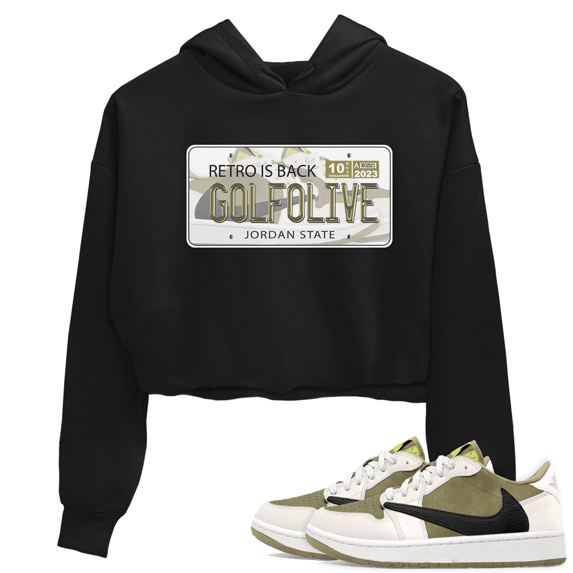 Jordan 1 Low X Travis Scott Golf Olive shirt to match jordans Jordan Plate sneaker release tees Air Jordan 1 Travis Scott Golf Olive SNRT Sneaker Tees Black 1 Crop T-Shirt