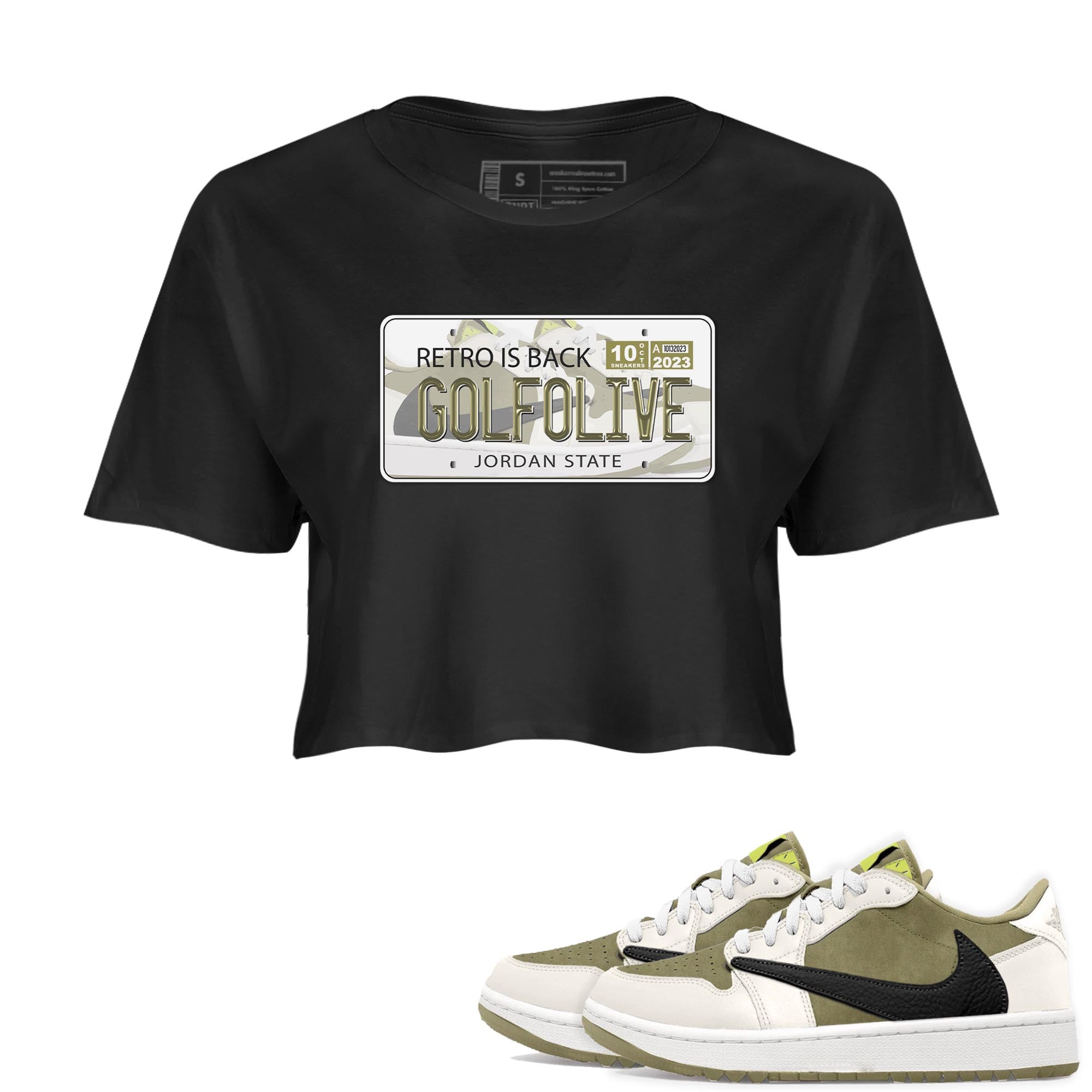 Jordan 1 Low X Travis Scott Golf Olive shirt to match jordans Jordan Plate sneaker release tees Air Jordan 1 Travis Scott Golf Olive SNRT Sneaker Tees Black 1 Crop T-Shirt