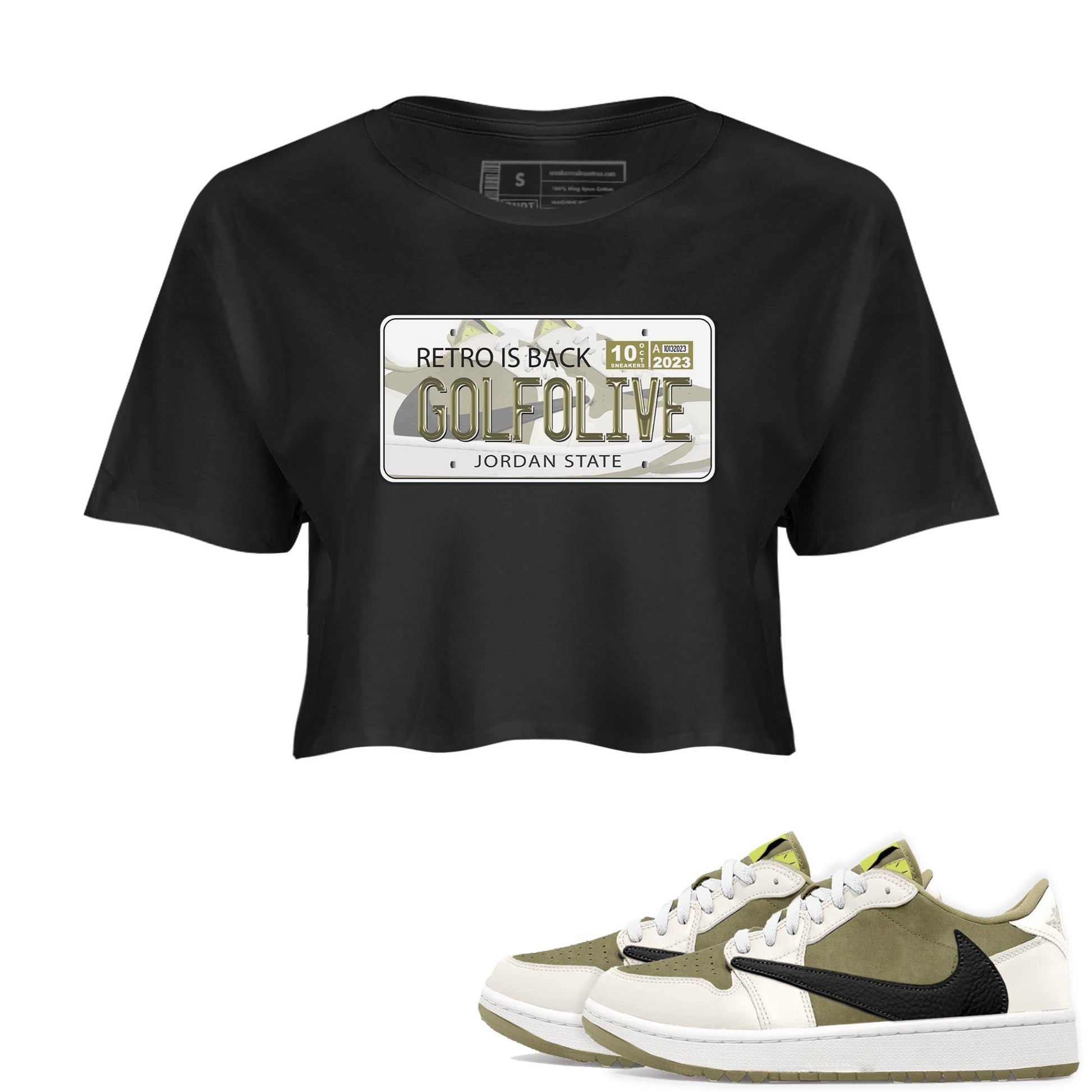 Jordan 1 Low X Travis Scott Golf Olive shirt to match jordans Jordan Plate sneaker release tees Air Jordan 1 Travis Scott Golf Olive SNRT Sneaker Tees Black 1 Crop T-Shirt