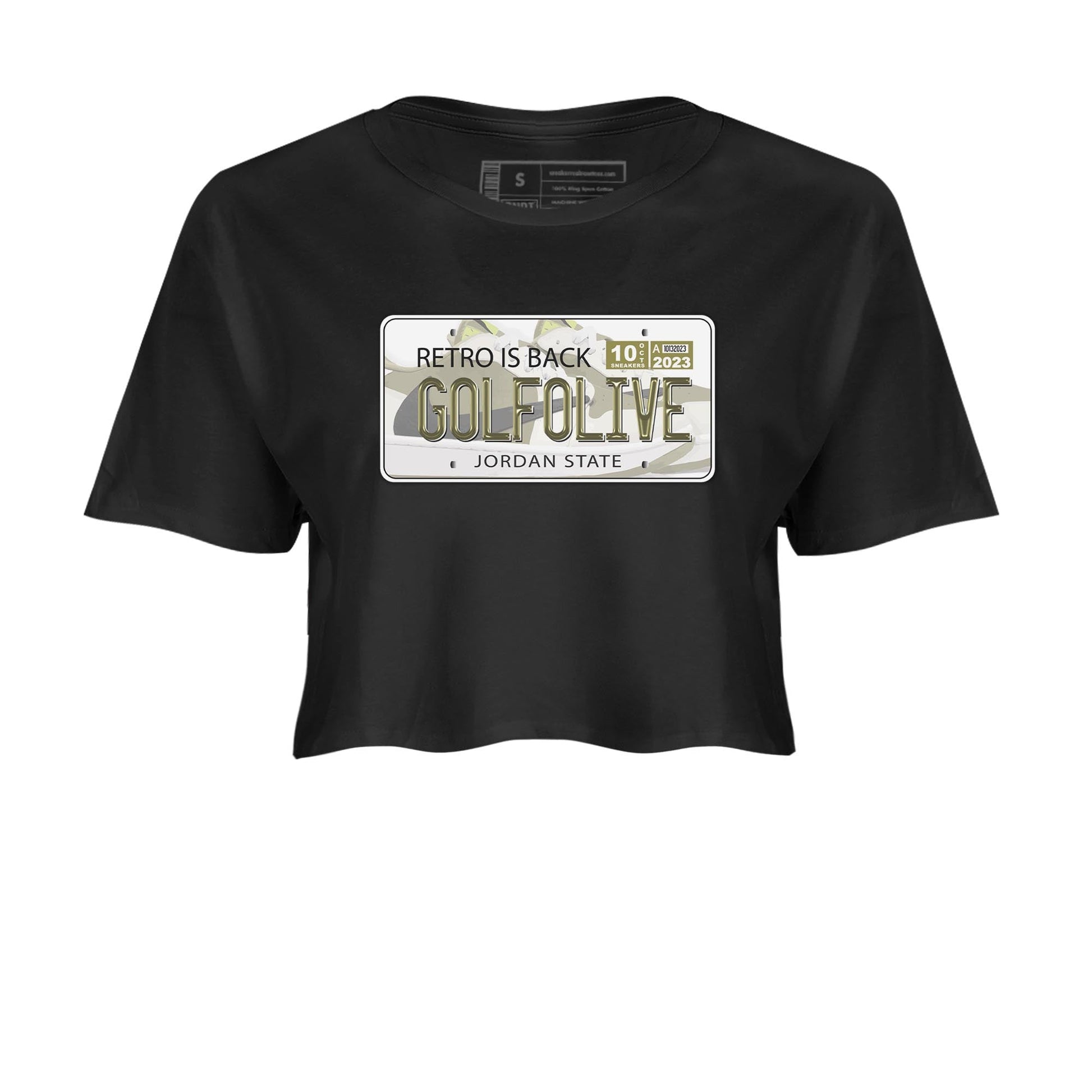 Jordan 1 Low X Travis Scott Golf Olive shirt to match jordans Jordan Plate sneaker release tees Air Jordan 1 Travis Scott Golf Olive SNRT Sneaker Tees Black 2 Crop T-Shirt