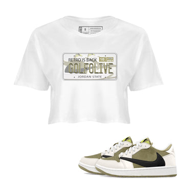 Jordan 1 Low X Travis Scott Golf Olive shirt to match jordans Jordan Plate sneaker release tees Air Jordan 1 Travis Scott Golf Olive SNRT Sneaker Tees White 1 Crop T-Shirt