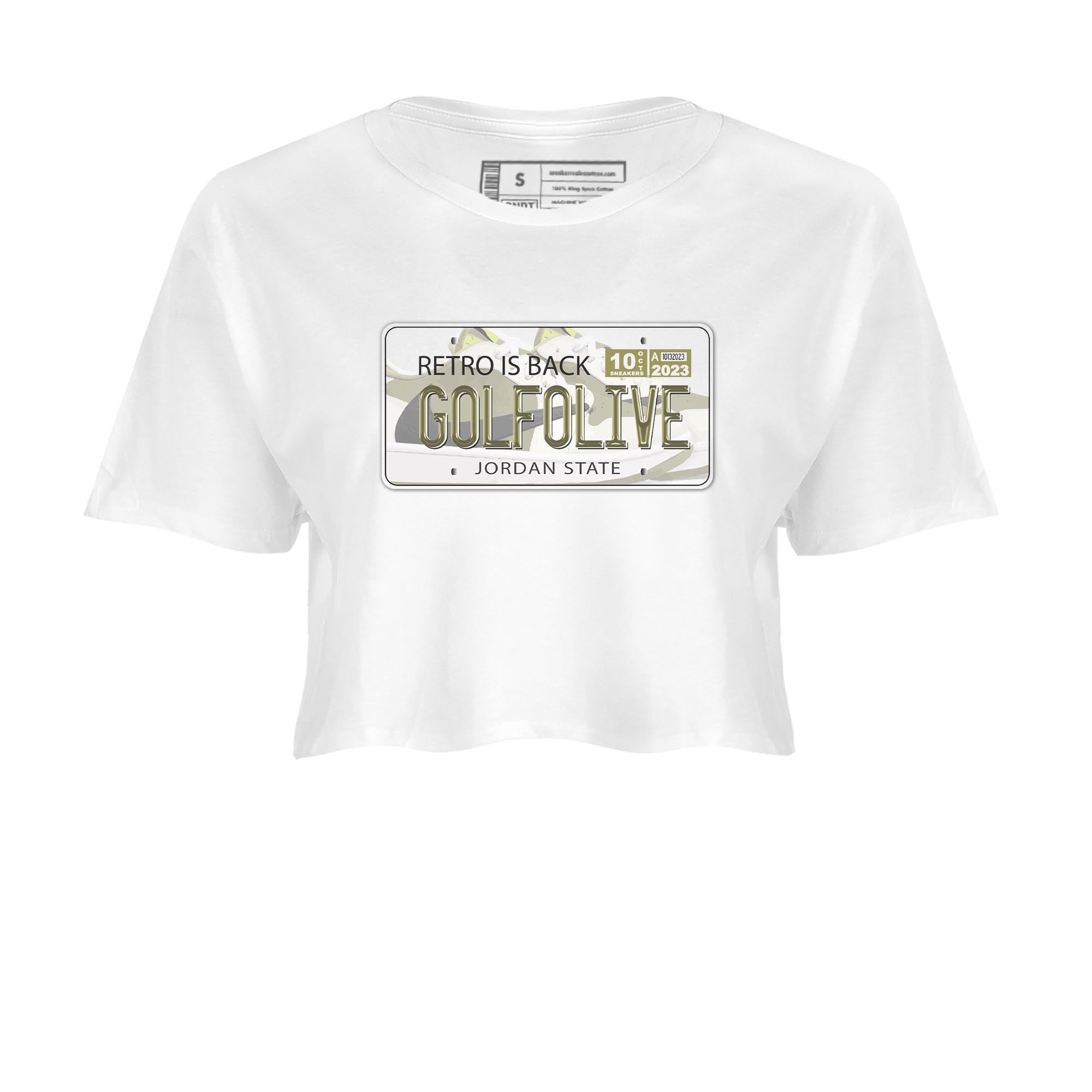 Jordan 1 Low X Travis Scott Golf Olive shirt to match jordans Jordan Plate sneaker release tees Air Jordan 1 Travis Scott Golf Olive SNRT Sneaker Tees White 2 Crop T-Shirt