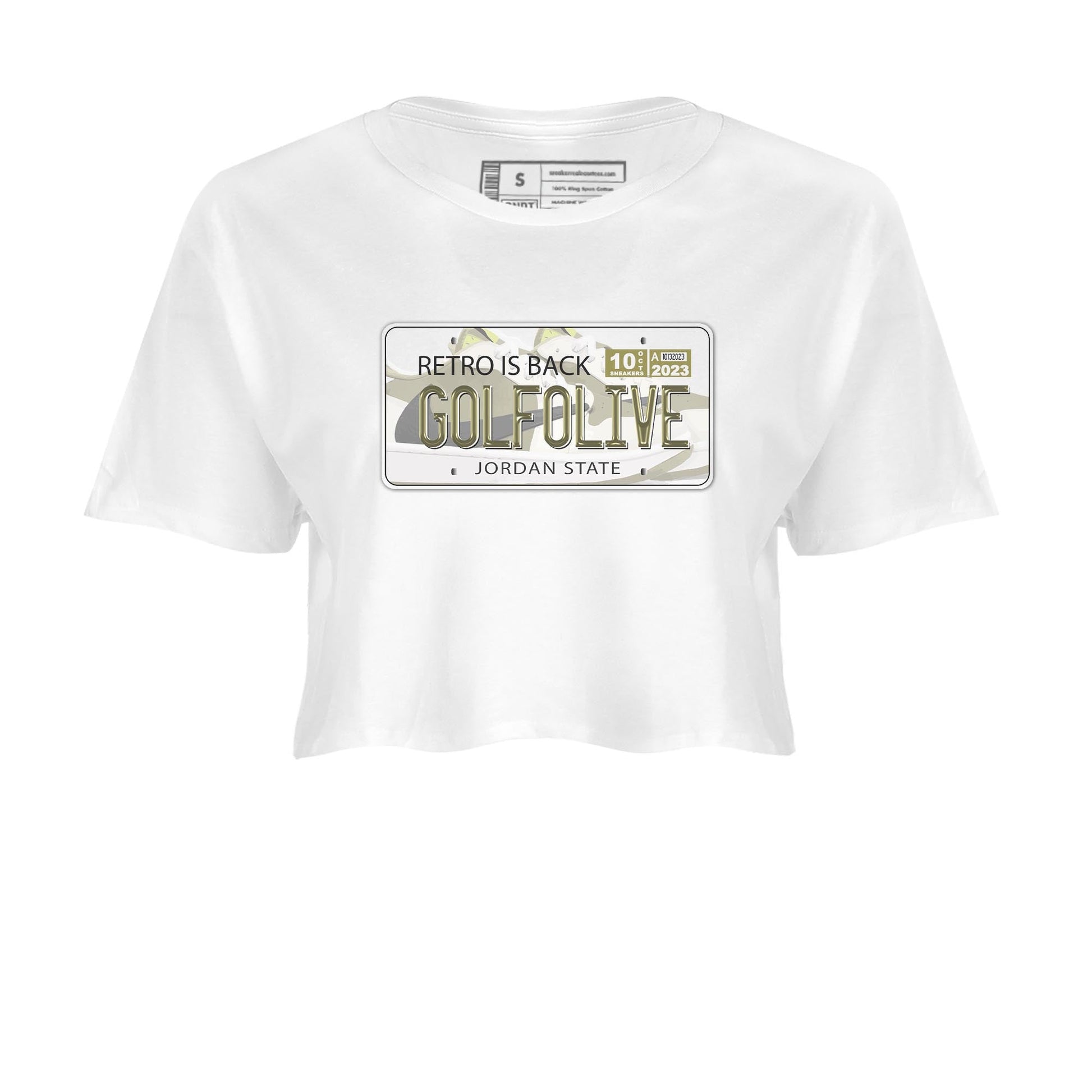 Jordan 1 Low X Travis Scott Golf Olive shirt to match jordans Jordan Plate sneaker release tees Air Jordan 1 Travis Scott Golf Olive SNRT Sneaker Tees White 2 Crop T-Shirt