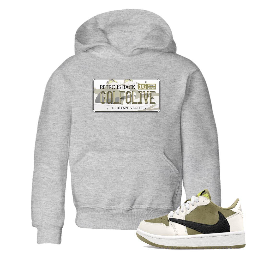 Jordan 1 Low X Travis Scott Golf Olive shirt to match jordans Jordan Plate sneaker release tees Air Jordan 1 Travis Scott Golf Olive SNRT Sneaker Tees Baby Toddler Heather Grey 1 T-Shirt