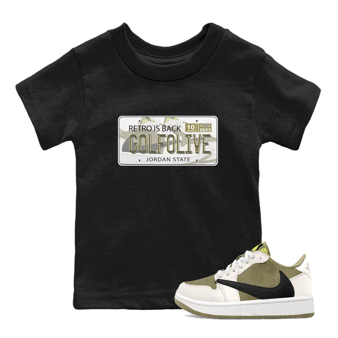 Jordan 1 Low X Travis Scott Golf Olive shirt to match jordans Jordan Plate sneaker release tees Air Jordan 1 Travis Scott Golf Olive SNRT Sneaker Tees Baby Toddler Black 1 T-Shirt