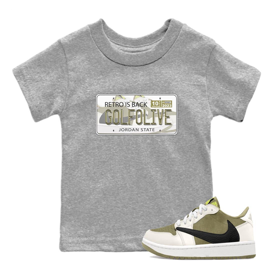 Jordan 1 Low X Travis Scott Golf Olive shirt to match jordans Jordan Plate sneaker release tees Air Jordan 1 Travis Scott Golf Olive SNRT Sneaker Tees Baby Toddler Heather Grey 1 T-Shirt