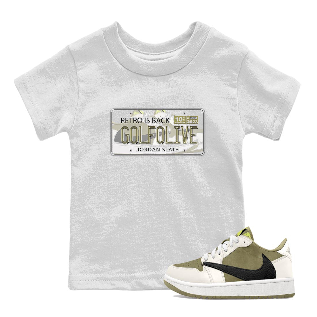 Jordan 1 Low X Travis Scott Golf Olive shirt to match jordans Jordan Plate sneaker release tees Air Jordan 1 Travis Scott Golf Olive SNRT Sneaker Tees Baby Toddler White 1 T-Shirt