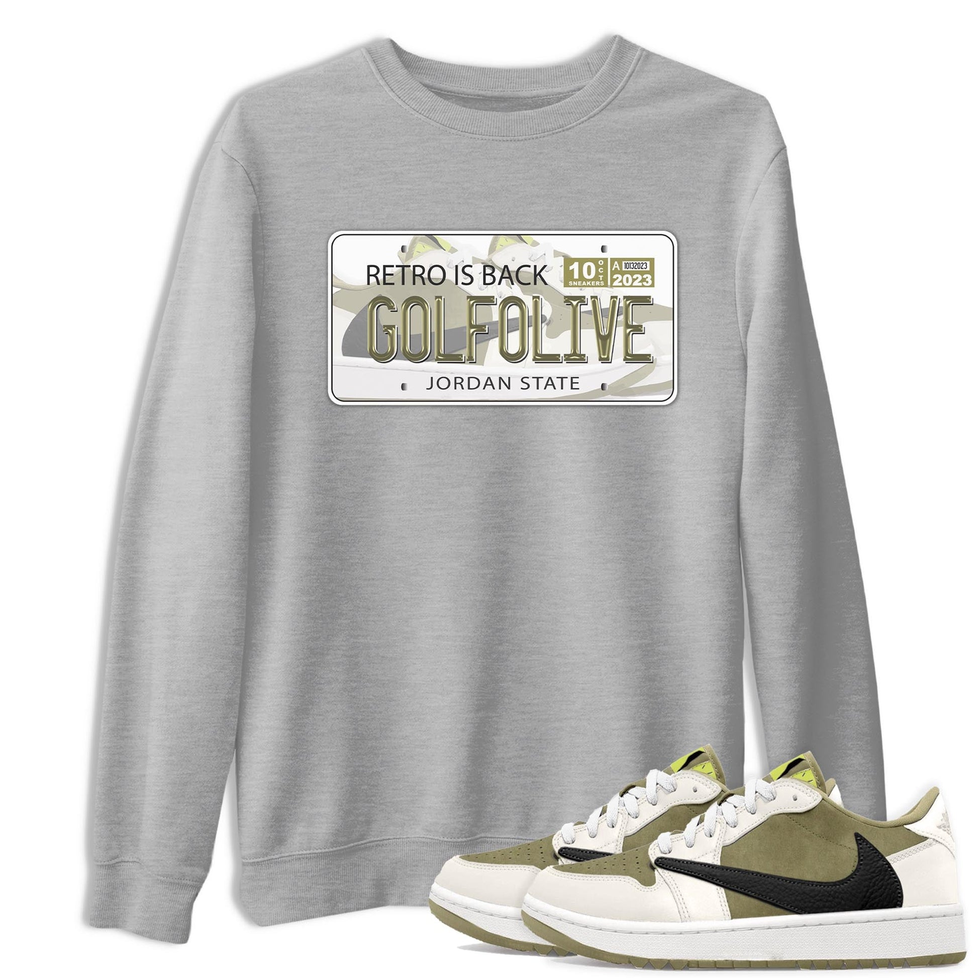 Jordan 1 Low X Travis Scott Golf Olive shirt to match jordans Jordan Plate sneaker release tees Air Jordan 1 Travis Scott Golf Olive SNRT Sneaker Tees Unisex Streetwear Clothing Heather Grey 1 T-Shirt