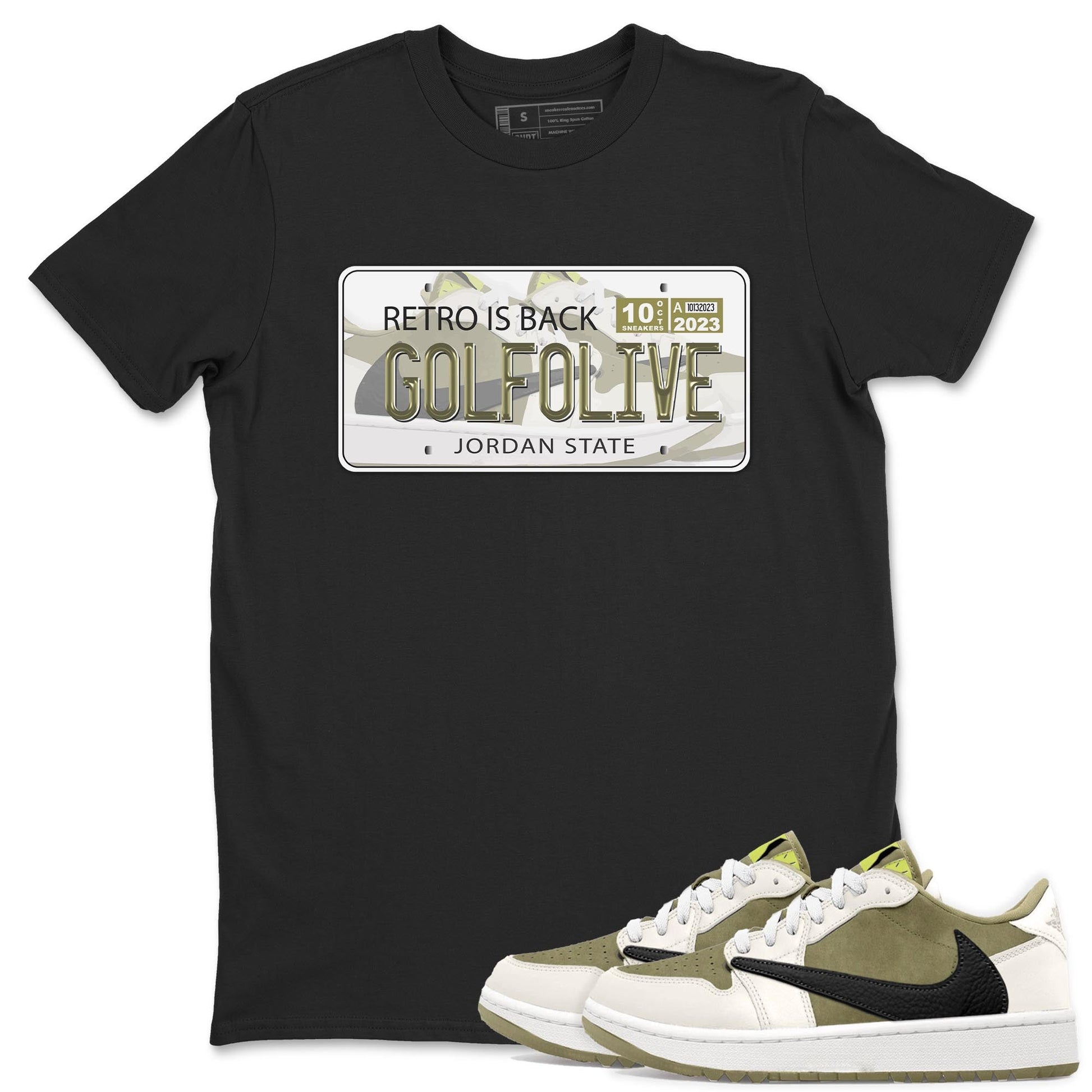 Jordan 1 Low X Travis Scott Golf Olive shirt to match jordans Jordan Plate sneaker release tees Air Jordan 1 Travis Scott Golf Olive SNRT Sneaker Tees Unisex Streetwear Clothing Black 1 T-Shirt