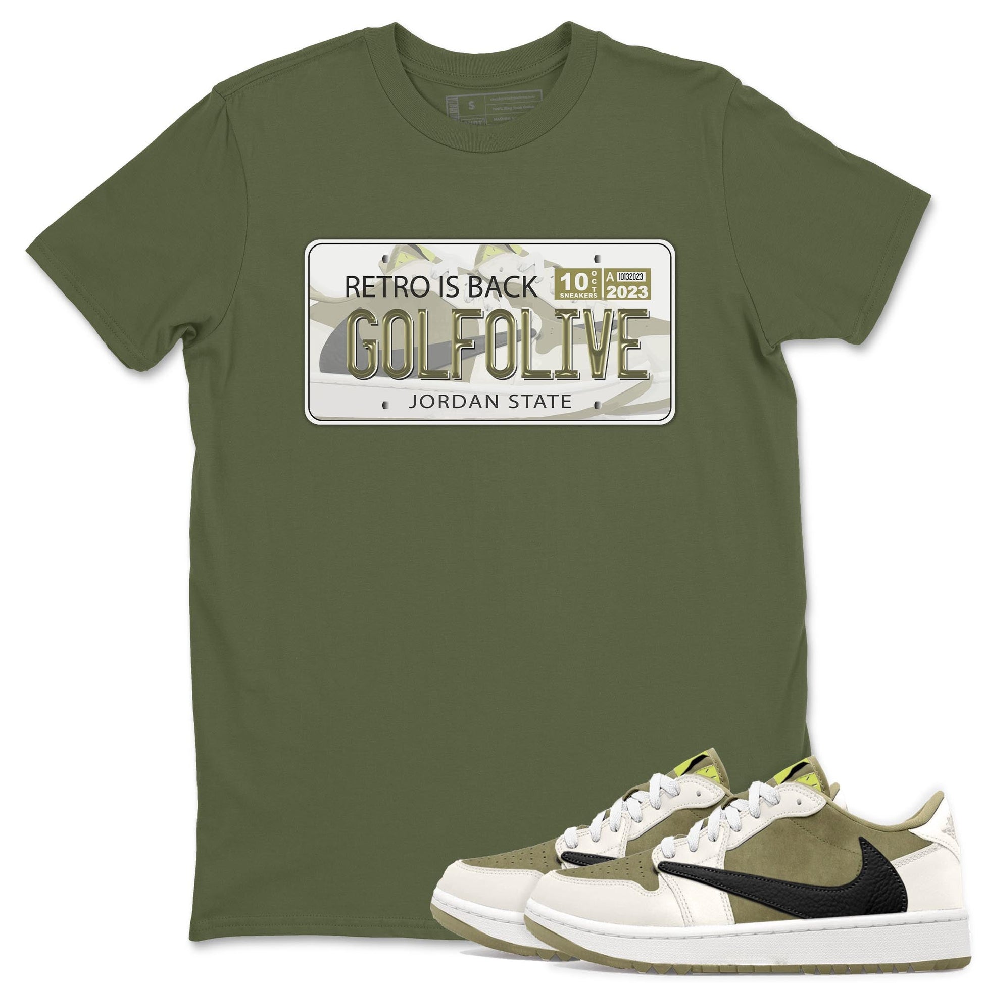 Jordan 1 Low X Travis Scott Golf Olive shirt to match jordans Jordan Plate sneaker release tees Air Jordan 1 Travis Scott Golf Olive SNRT Sneaker Tees Unisex Streetwear Clothing Military Green 1 T-Shirt