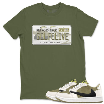 Jordan 1 Low X Travis Scott Golf Olive shirt to match jordans Jordan Plate sneaker release tees Air Jordan 1 Travis Scott Golf Olive SNRT Sneaker Tees Unisex Streetwear Clothing Military Green 1 T-Shirt
