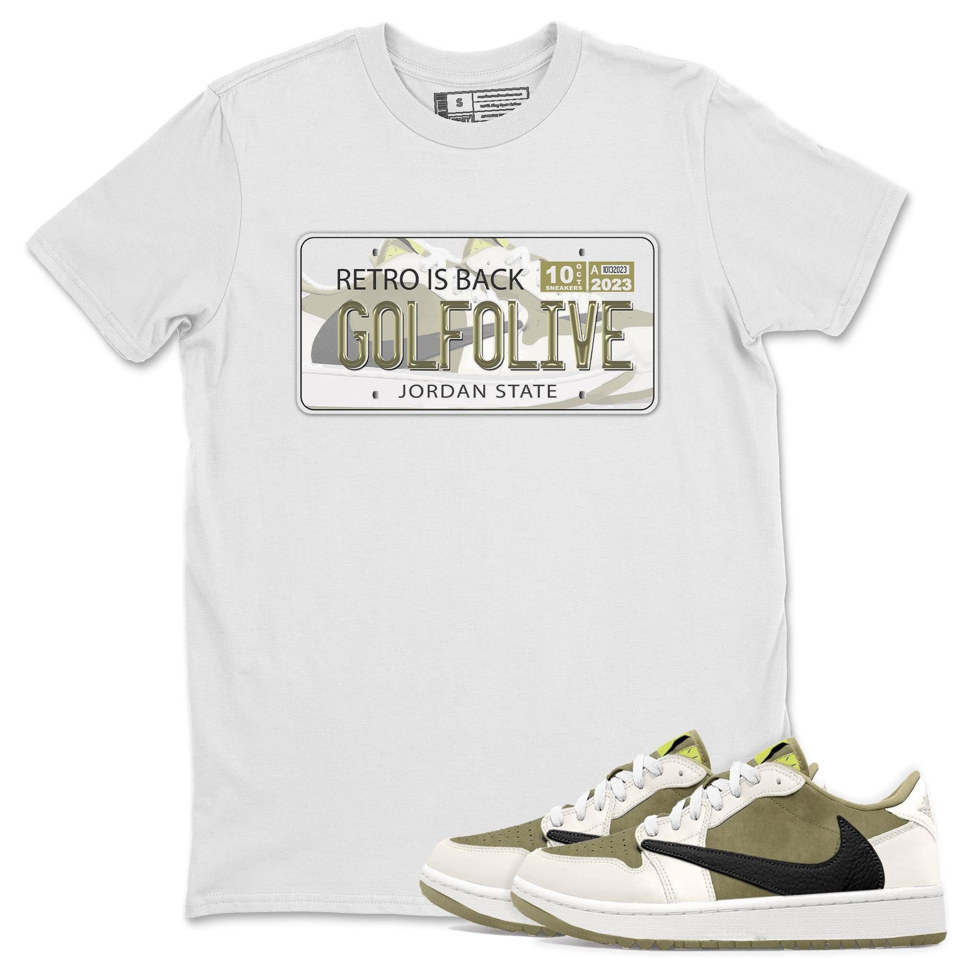 Jordan 1 Low X Travis Scott Golf Olive shirt to match jordans Jordan Plate sneaker release tees Air Jordan 1 Travis Scott Golf Olive SNRT Sneaker Tees Unisex Streetwear Clothing White 1 T-Shirt