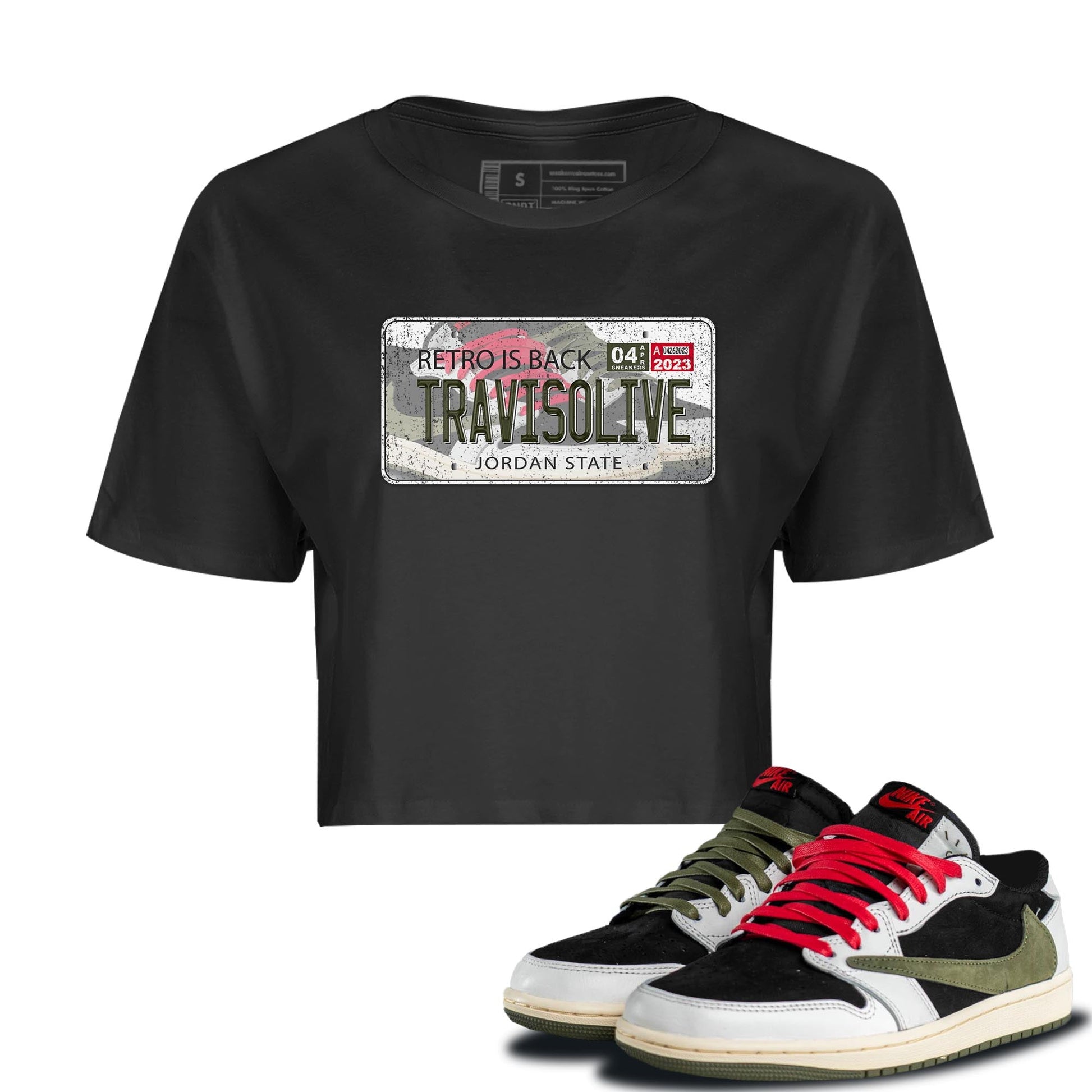 Air Jordan 1 Travis Scott Olive Sneaker Match Tees Jordan Plate Sneaker Tees AJ1 Travis Scott Olive Sneaker Release Tees Women's Shirts Black 1