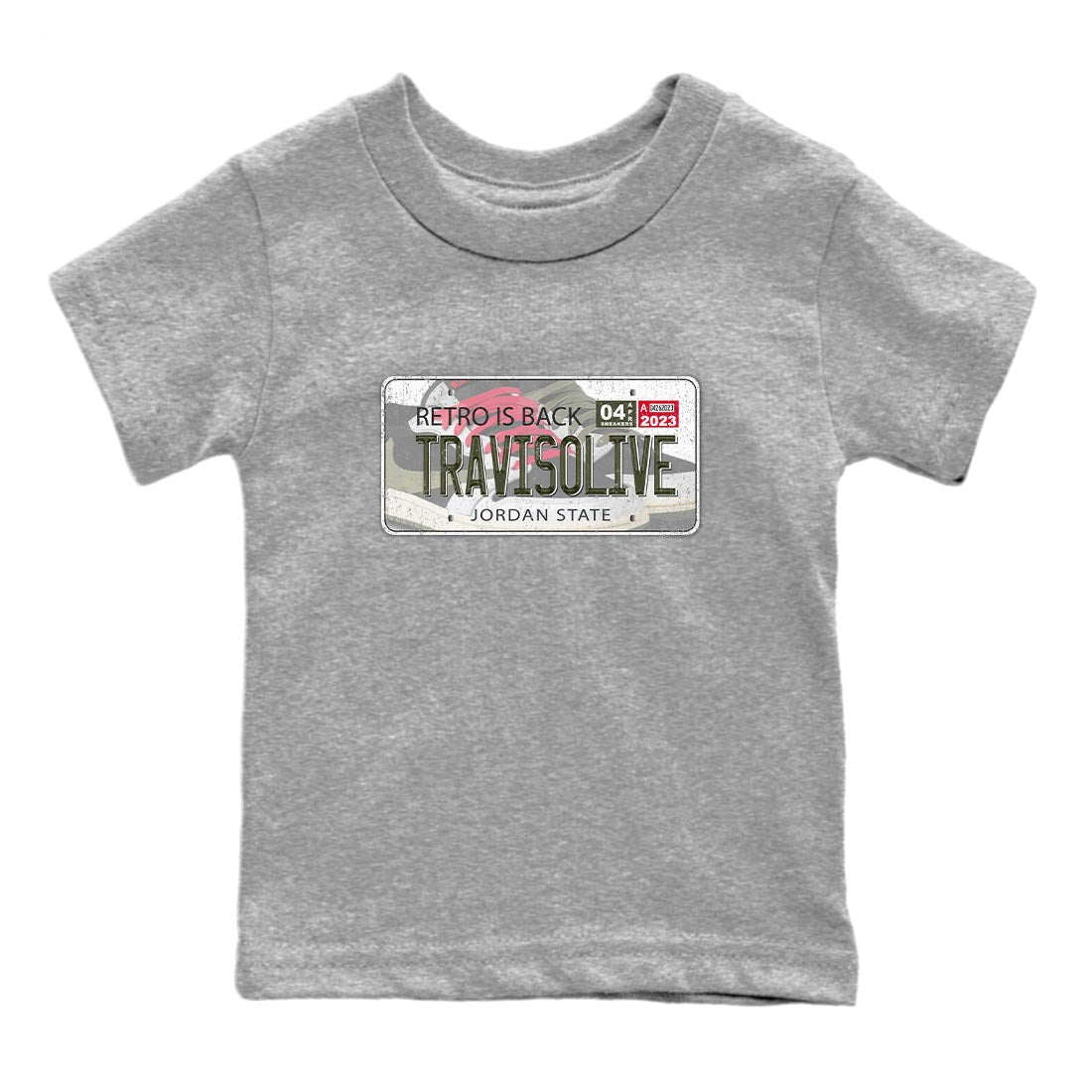 Air Jordan 1 Travis Scott Olive Sneaker Match Tees Jordan Plate Sneaker Tees AJ1 Travis Scott Olive Sneaker Release Tees Kids Shirts Heather Grey 2