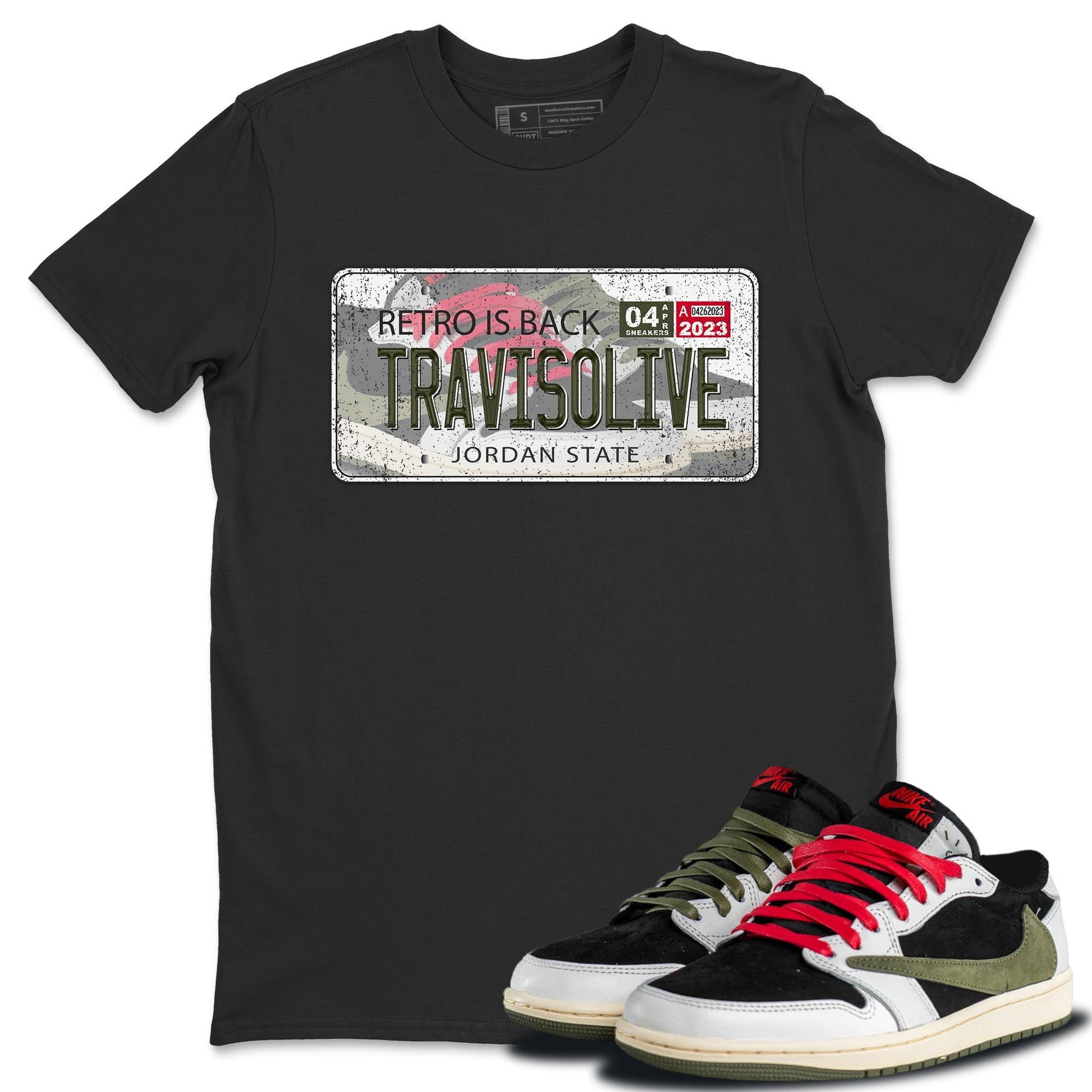 Air Jordan 1 Travis Scott Olive Sneaker Match Tees Jordan Plate Sneaker Tees AJ1 Travis Scott Olive Sneaker Release Tees Unisex Shirts Black 1