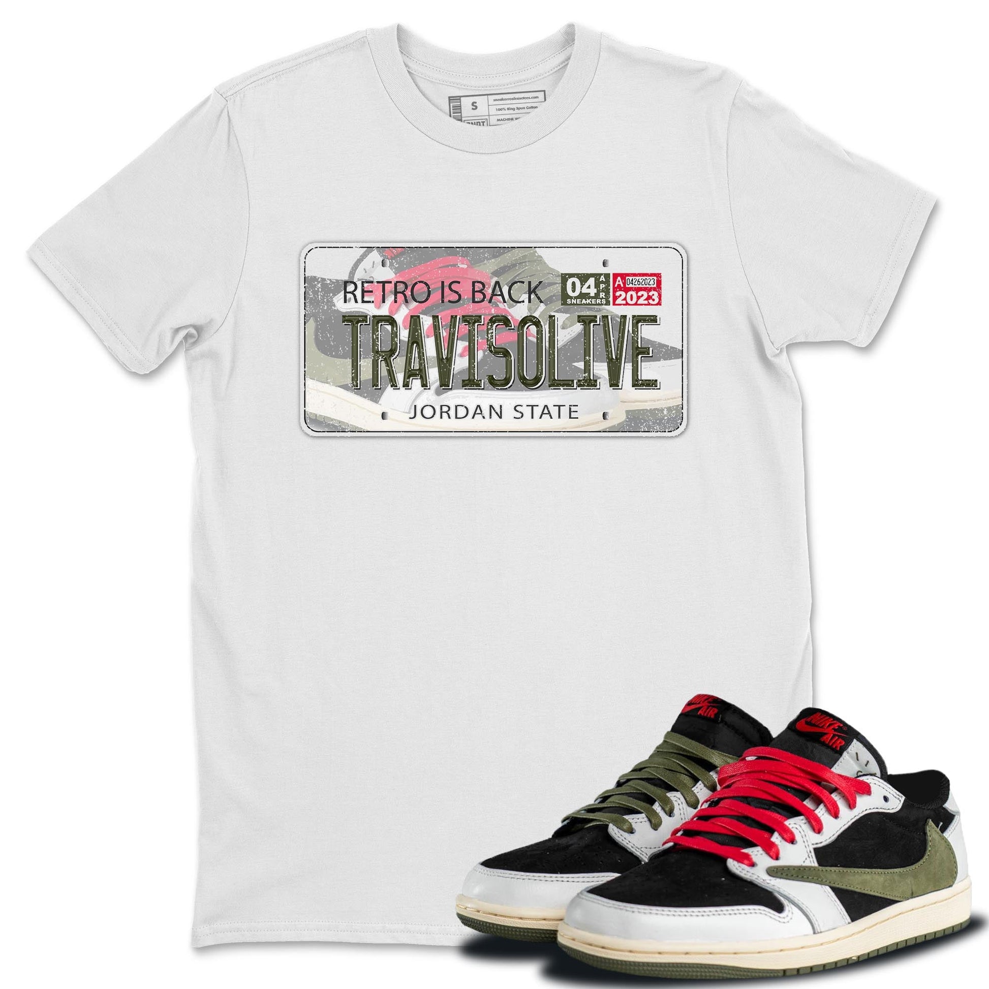 Air Jordan 1 Travis Scott Olive Sneaker Match Tees Jordan Plate Sneaker Tees AJ1 Travis Scott Olive Sneaker Release Tees Unisex Shirts White 1