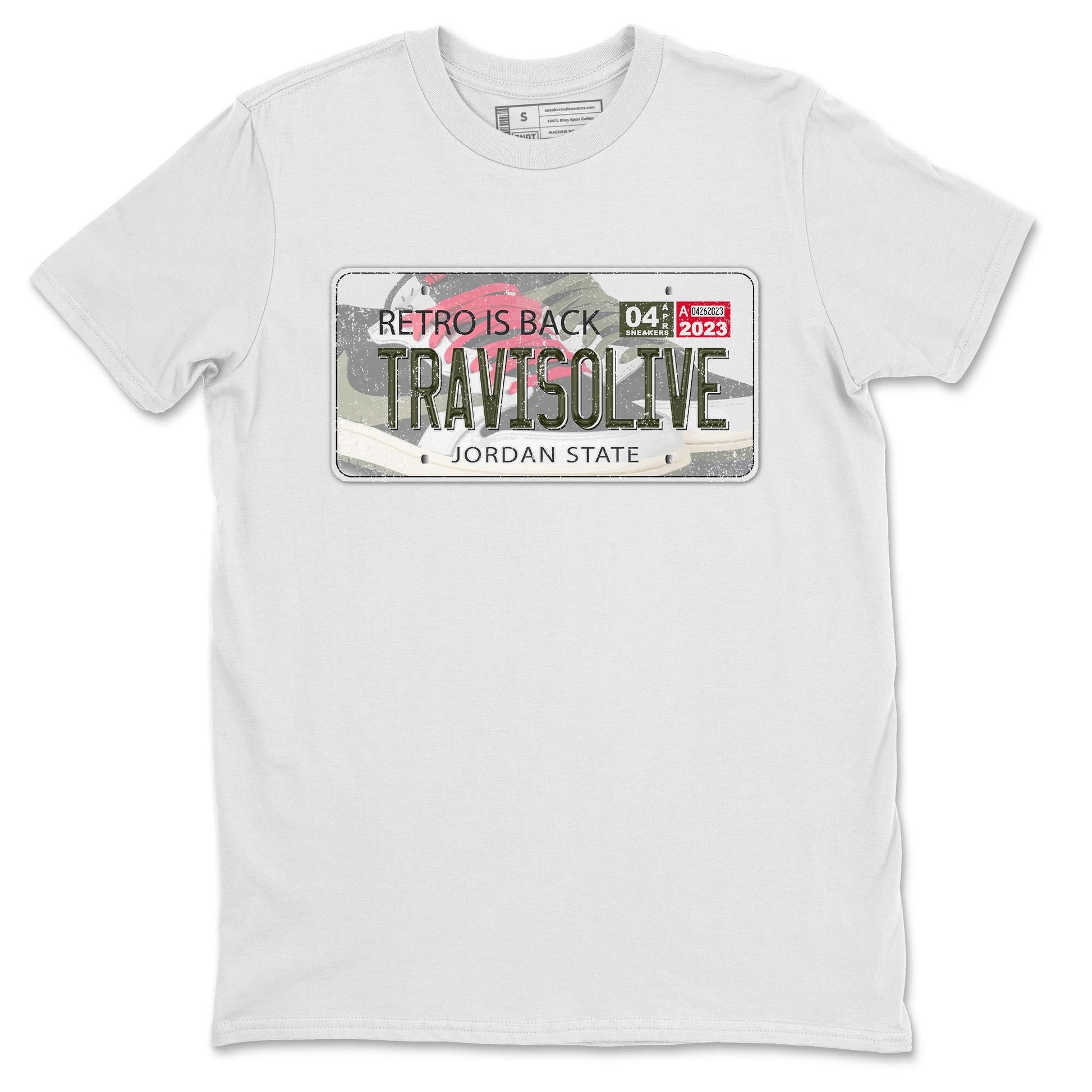 Air Jordan 1 Travis Scott Olive Sneaker Match Tees Jordan Plate Sneaker Tees AJ1 Travis Scott Olive Sneaker Release Tees Unisex Shirts White 2