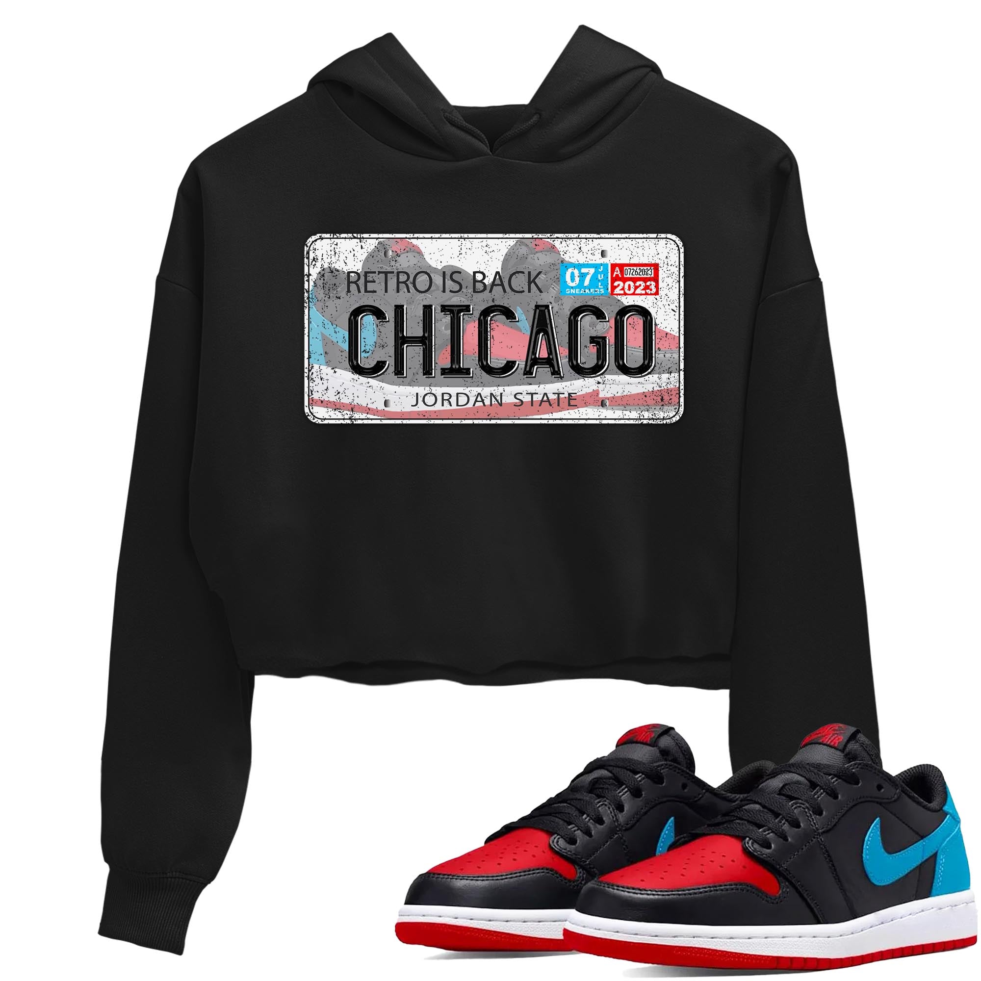 Air Jordan 1 Low UNC to Chicago shirt to match jordans Jordan Plate sneaker tees Air Jordan 1 UNC to Chicago SNRT Sneaker Release Tees Black 1 Crop T-Shirt