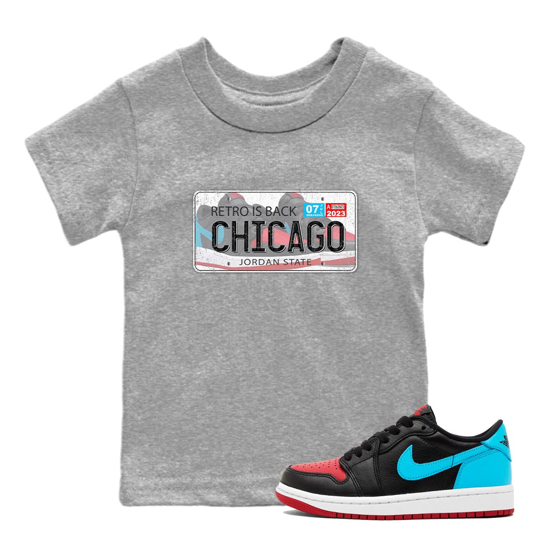 Air Jordan 1 Low UNC to Chicago shirt to match jordans Jordan Plate sneaker tees Air Jordan 1 UNC to Chicago SNRT Sneaker Release Tees Baby Toddler Heather Grey 1 T-Shirt