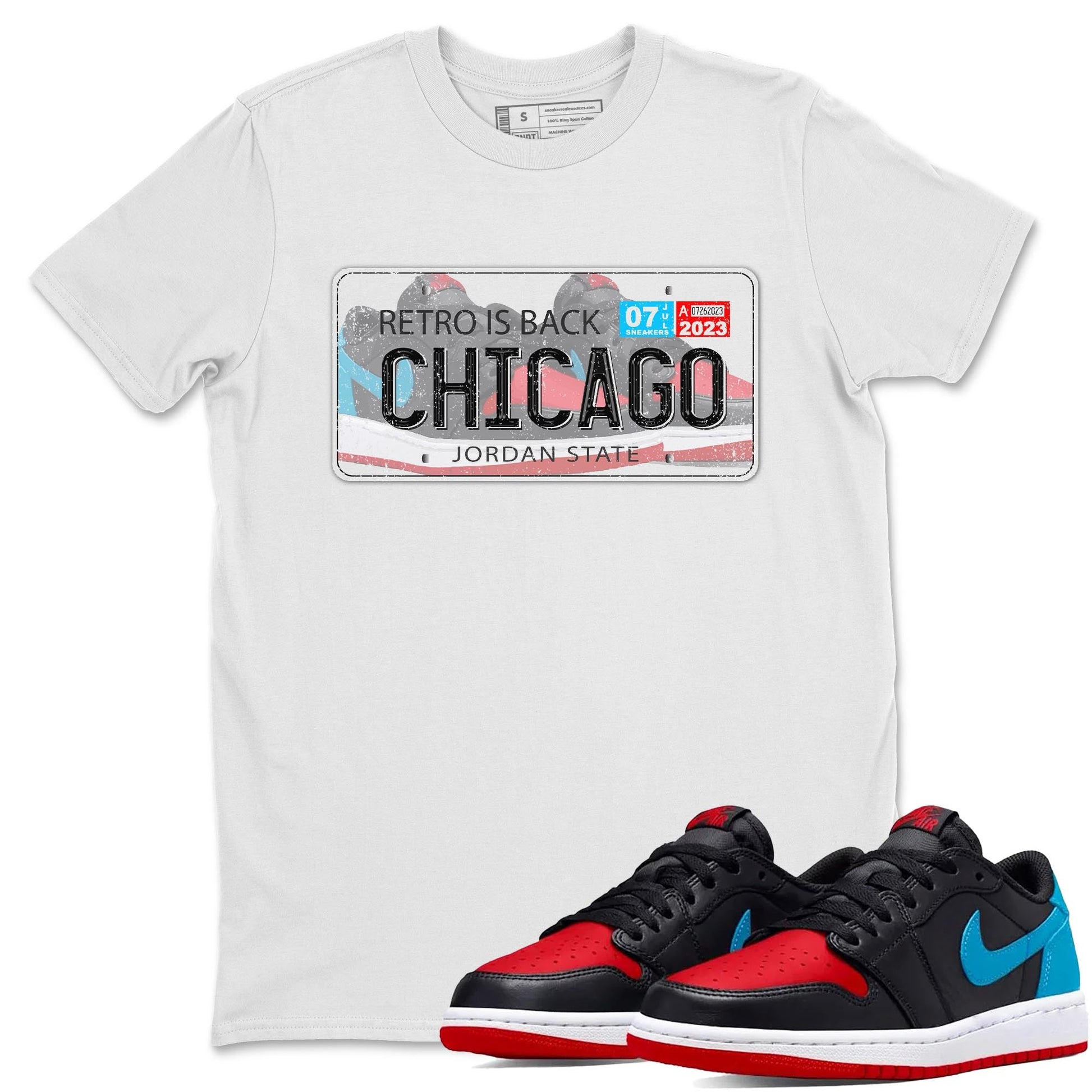Air Jordan 1 Low UNC to Chicago shirt to match jordans Jordan Plate sneaker tees Air Jordan 1 UNC to Chicago SNRT Sneaker Release Tees Unisex White 1 T-Shirt