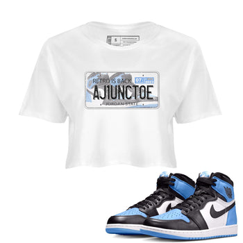 Air Jordan 1 Retro High OG University Blue shirt to match jordans Jordan Plate sneaker tees Air Jordan 1 UNC Toe SNRT Sneaker Release Tees White 1 Crop T-Shirt
