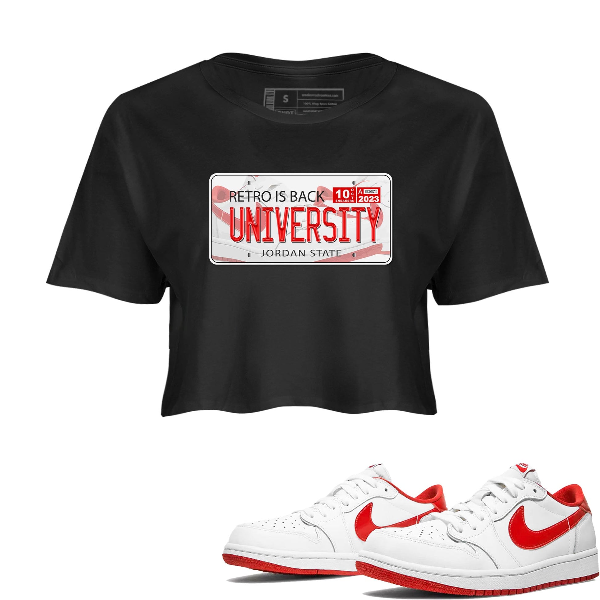 1s Low University Red shirt to match jordans Jordan Plate sneaker tees Air Jordan 1 University Red SNRT Sneaker Tees Sneaker Matching Clothing Brand Black 1 Crop T-Shirt