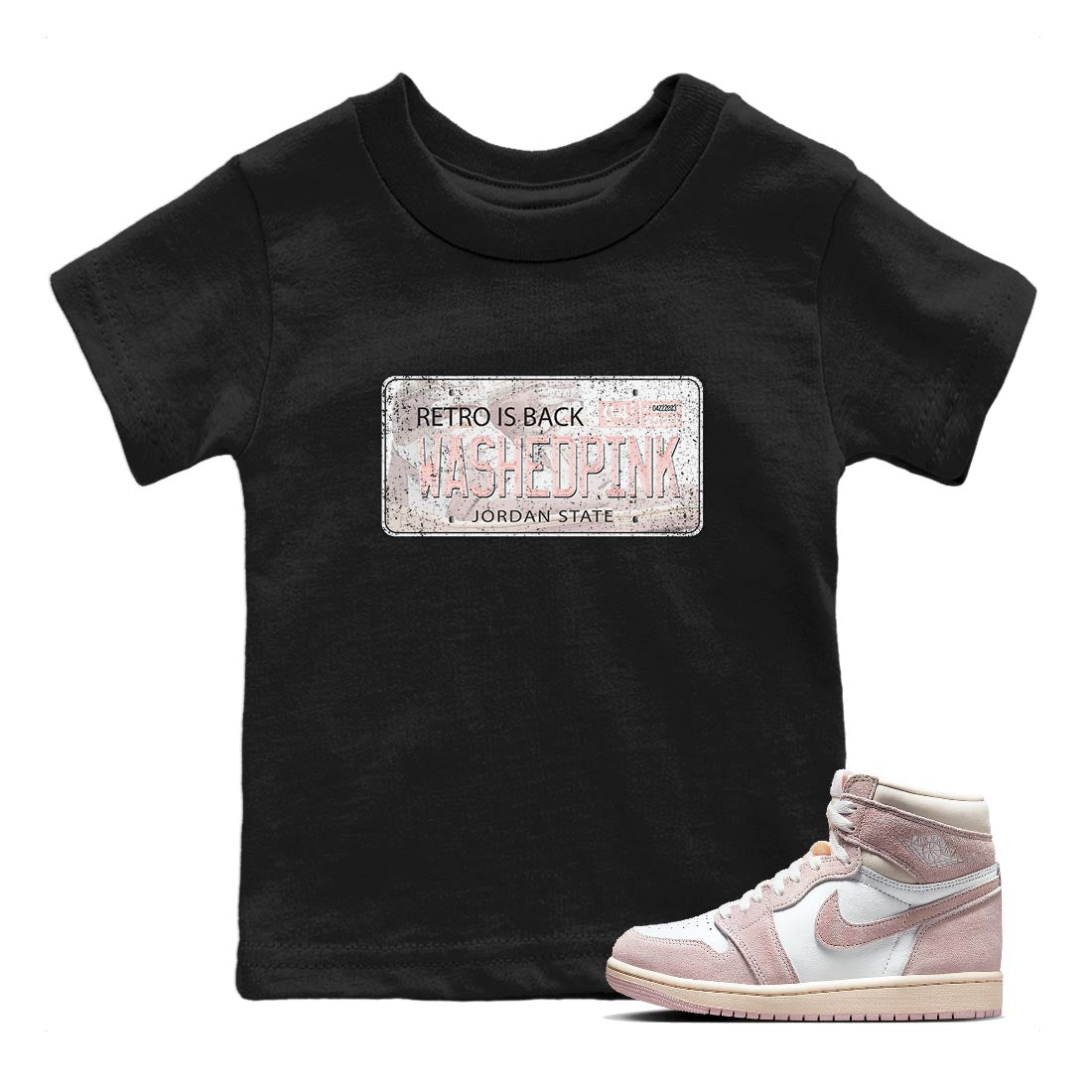 Air Jordan 1 Washed Pink Sneaker Match Tees Jordan Plate Sneaker Tees AJ1 Washed Pink Sneaker Release Tees Kids Shirts Black 1