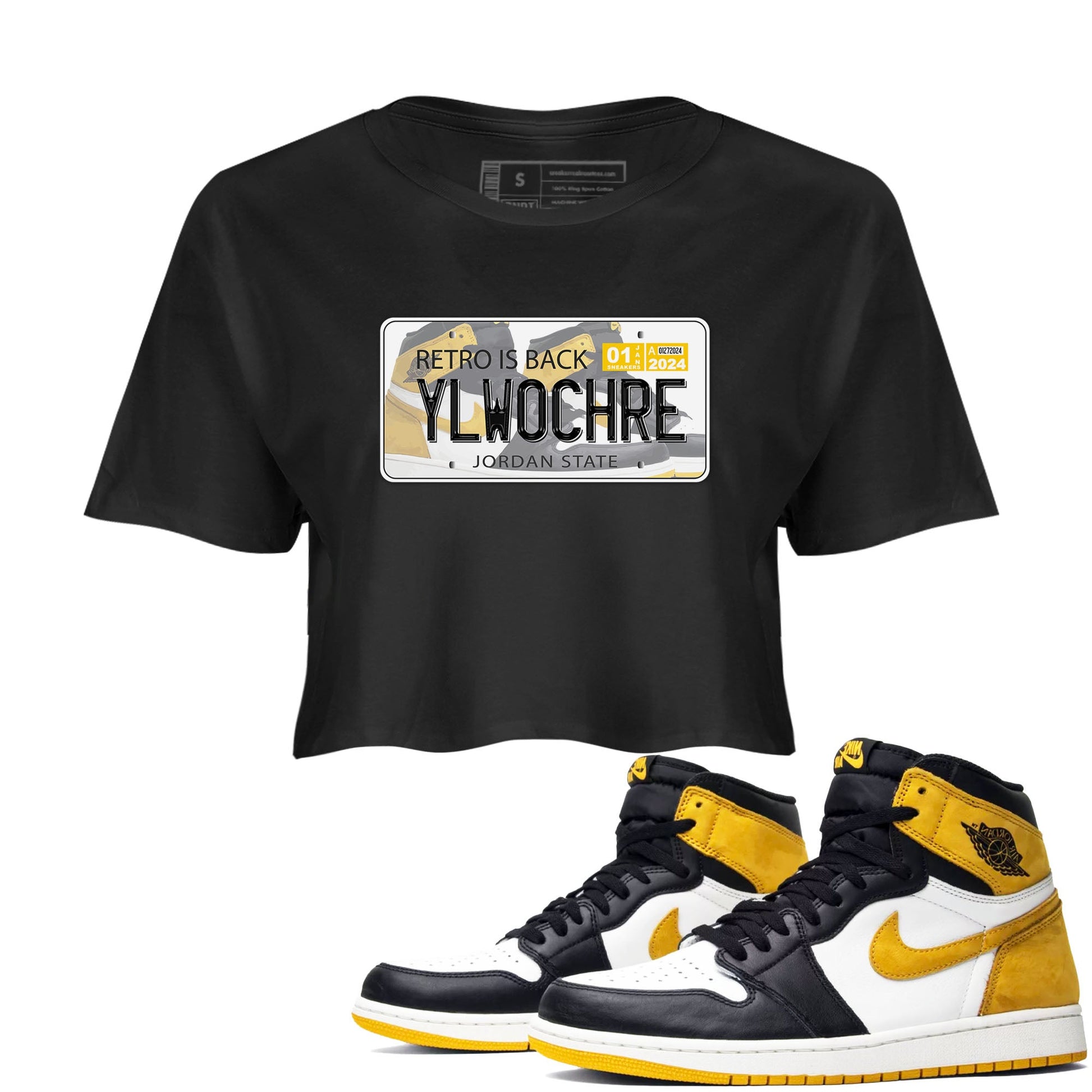 1s Yellow Ochre shirt to match jordans Jordan Plate sneaker tees Air Jordan 1 High OG Yellow Ochre SNRT Sneaker Release Tees Black 1 crop length shirt