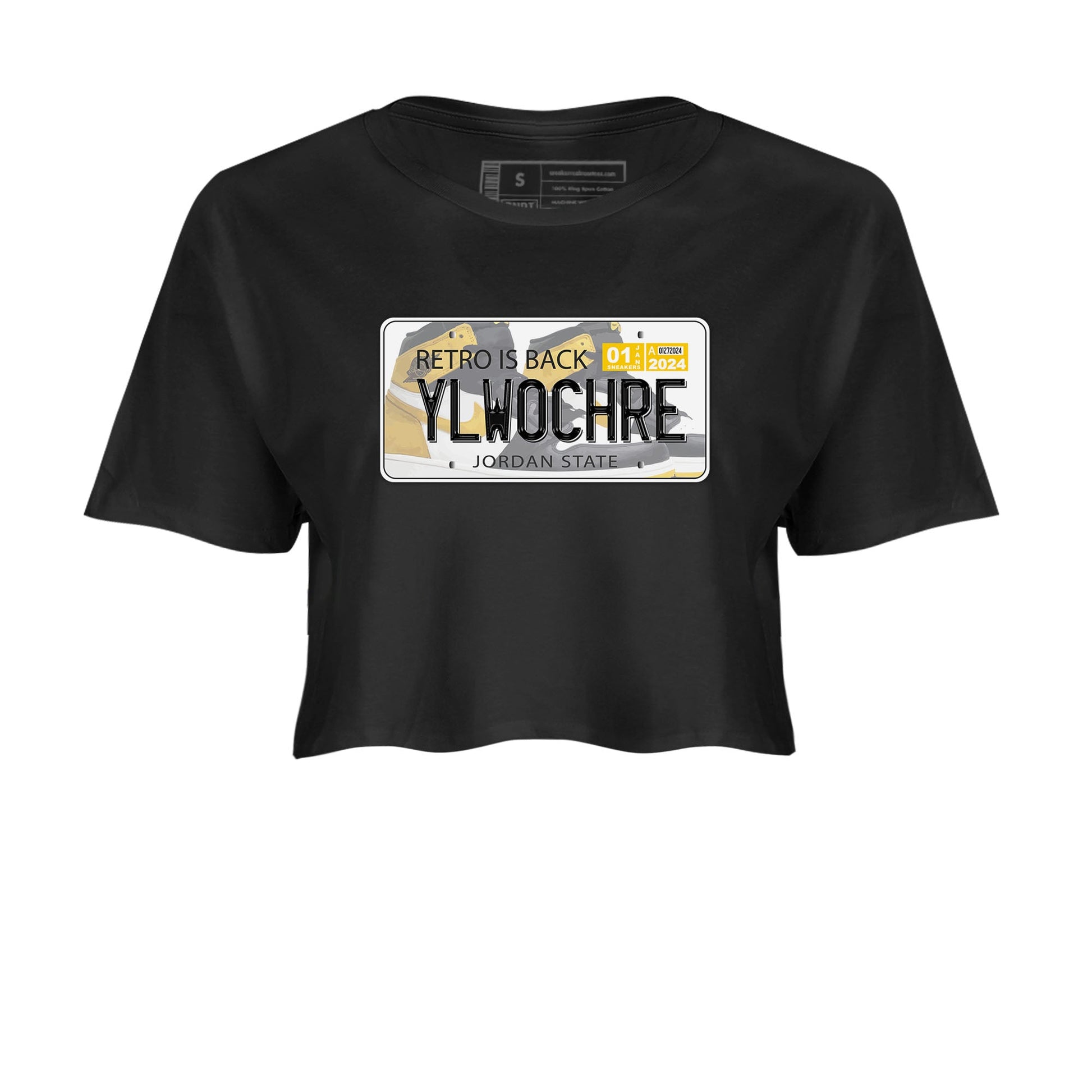 1s Yellow Ochre shirt to match jordans Jordan Plate sneaker tees Air Jordan 1 High OG Yellow Ochre SNRT Sneaker Release Tees Black 2 crop length shirt