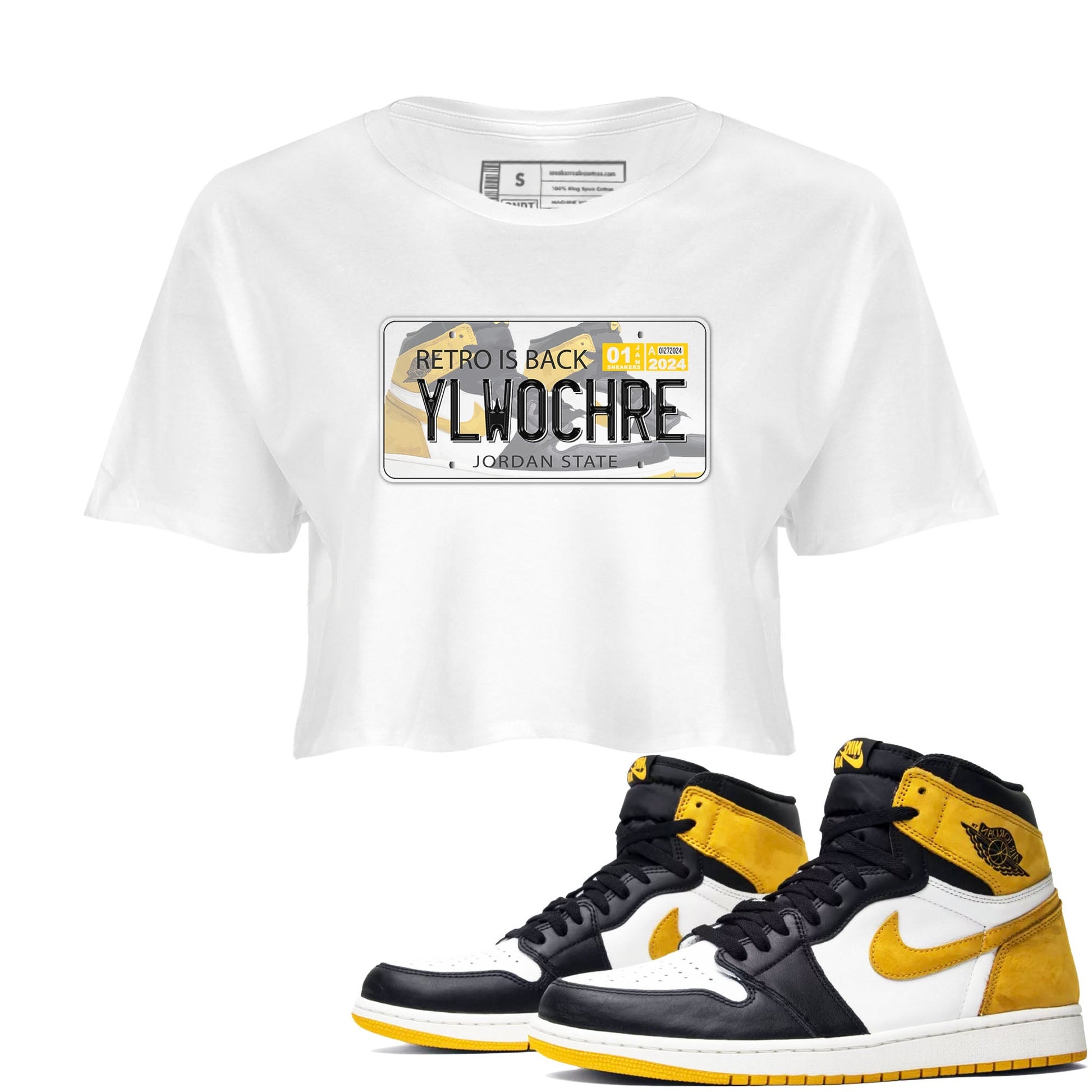 1s Yellow Ochre shirt to match jordans Jordan Plate sneaker tees Air Jordan 1 High OG Yellow Ochre SNRT Sneaker Release Tees White 1 crop length shirt