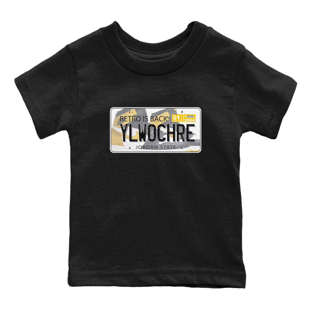 1s Yellow Ochre shirt to match jordans Jordan Plate sneaker tees Air Jordan 1 High OG Yellow Ochre SNRT sneaker release tees baby toddler Black 2 cotton Shirt