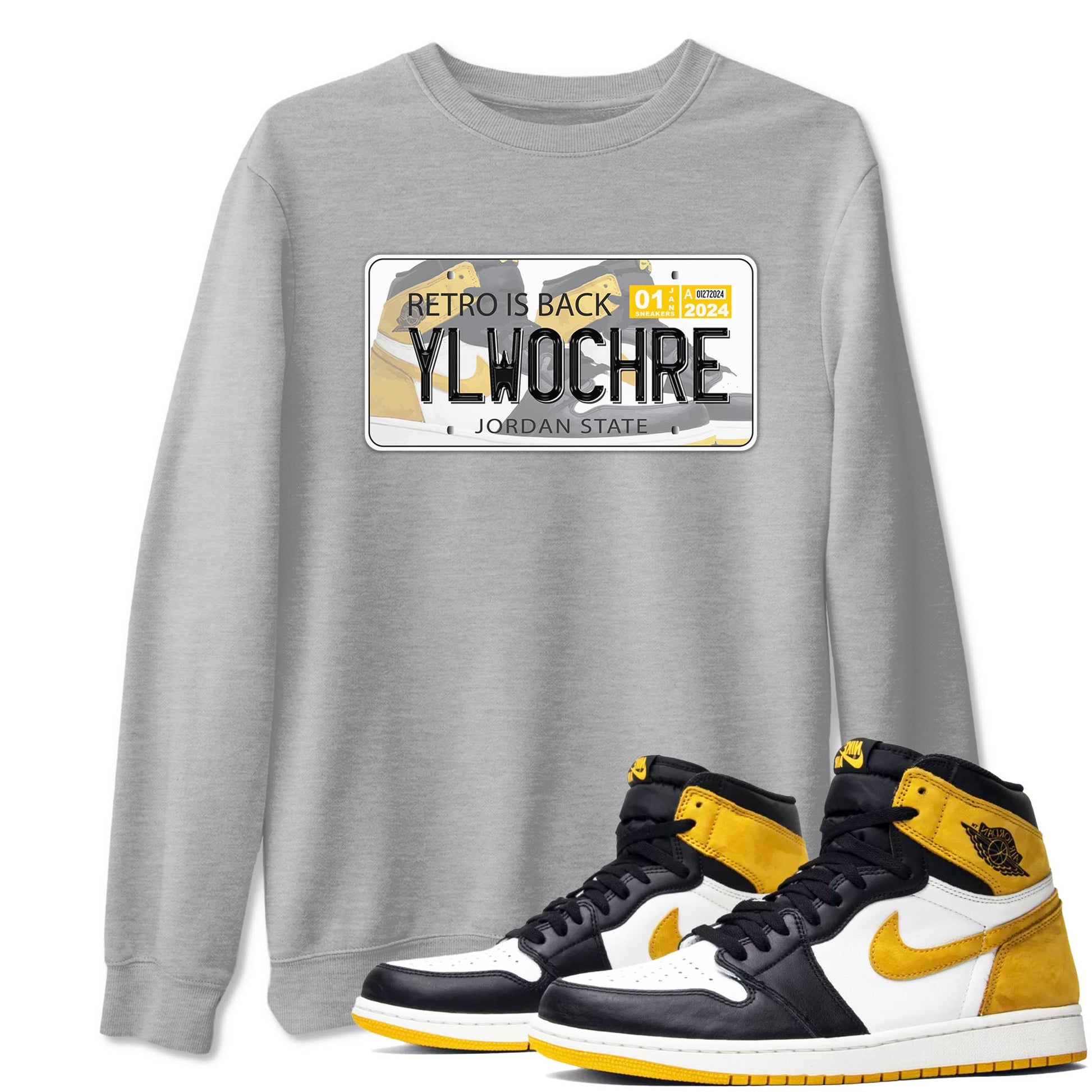 1s Yellow Ochre shirt to match jordans Jordan Plate sneaker tees Air Jordan 1 High OG Yellow Ochre SNRT Sneaker Release Tees unisex cotton Heather Grey 1 crew neck shirt