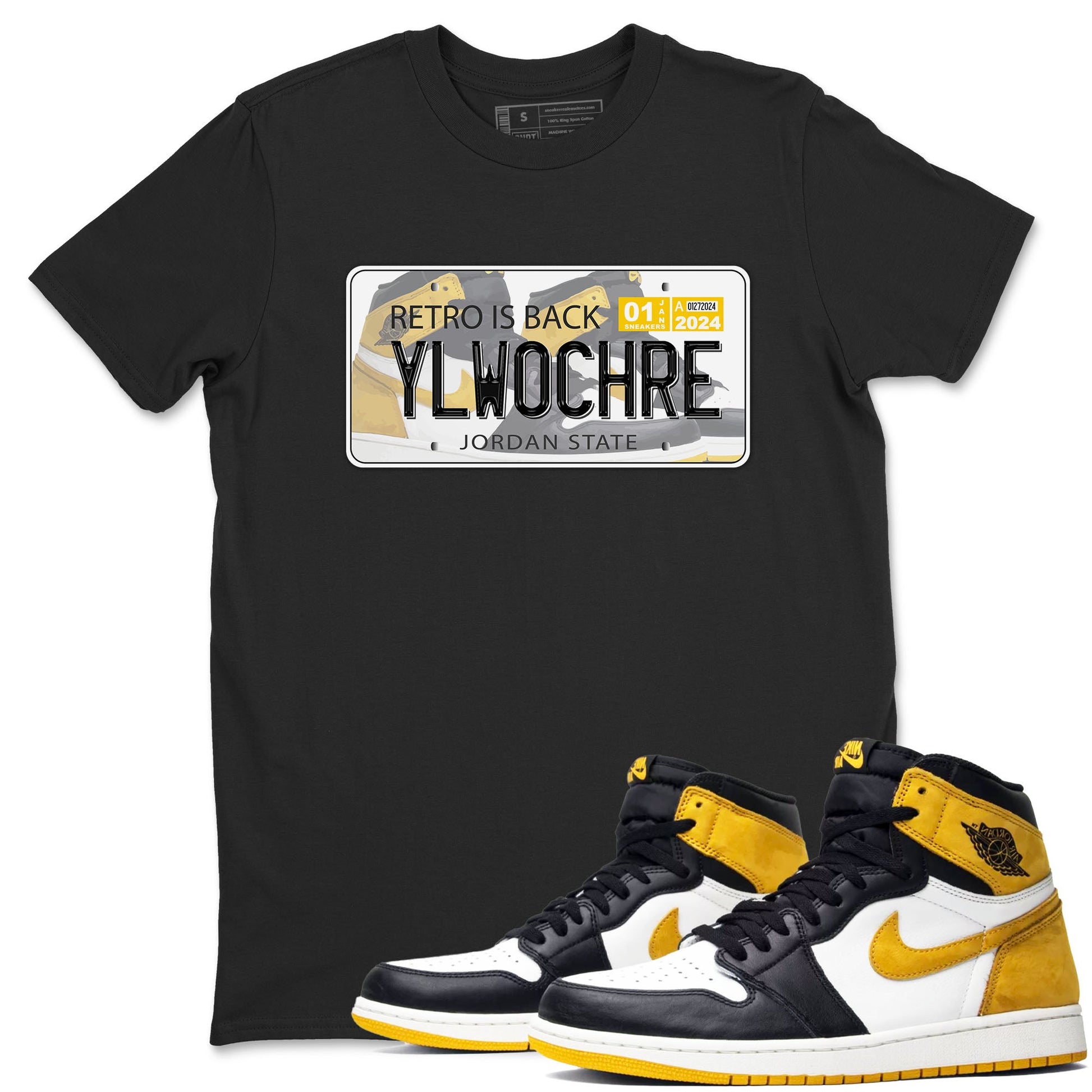 1s Yellow Ochre shirt to match jordans Jordan Plate sneaker tees Air Jordan 1 High OG Yellow Ochre SNRT Sneaker Release Tees unisex cotton Black 1 crew neck shirt