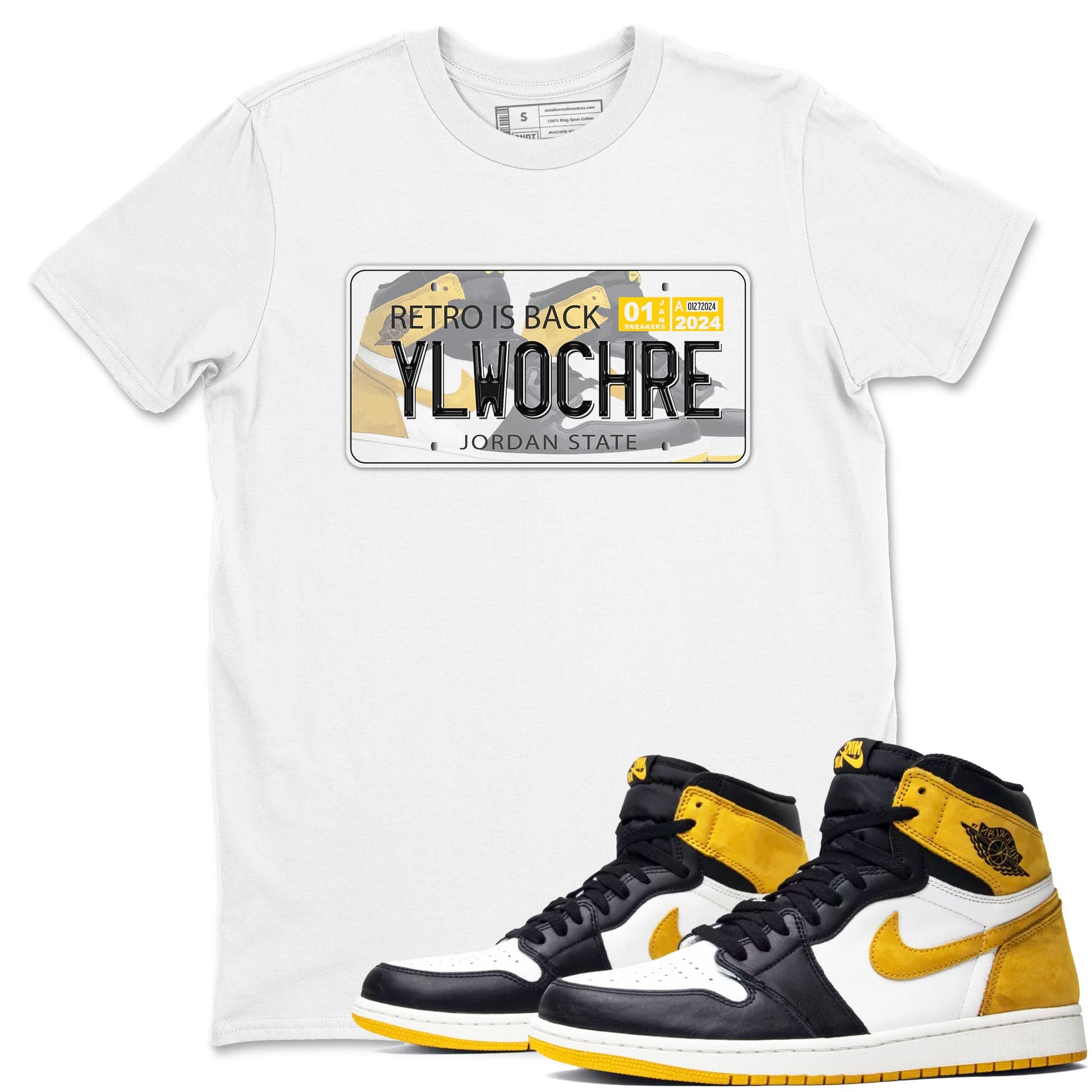 1s Yellow Ochre shirt to match jordans Jordan Plate sneaker tees Air Jordan 1 High OG Yellow Ochre SNRT Sneaker Release Tees unisex cotton White 1 crew neck shirt