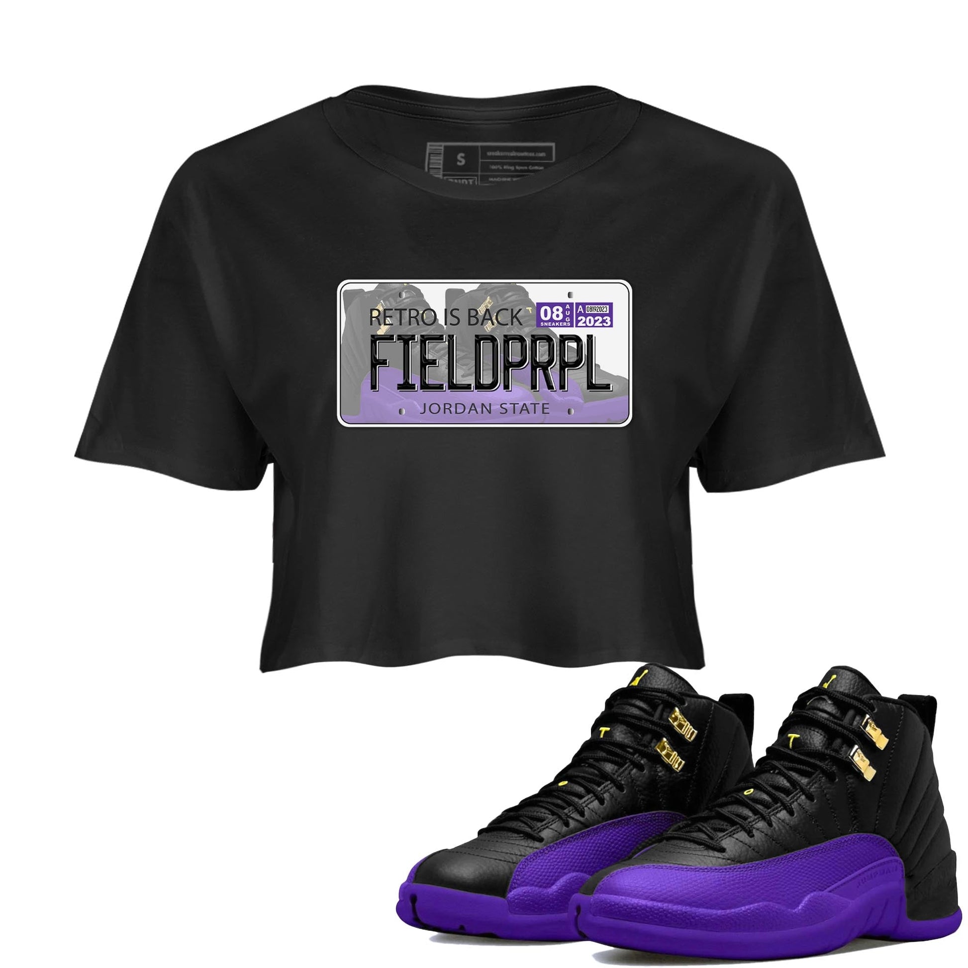 12s Field Purple shirt to match jordans Jordan Plate sneaker tees Air Jordan 12 Field Purple SNRT Sneaker Release Tees Black 1 Crop T-Shirt