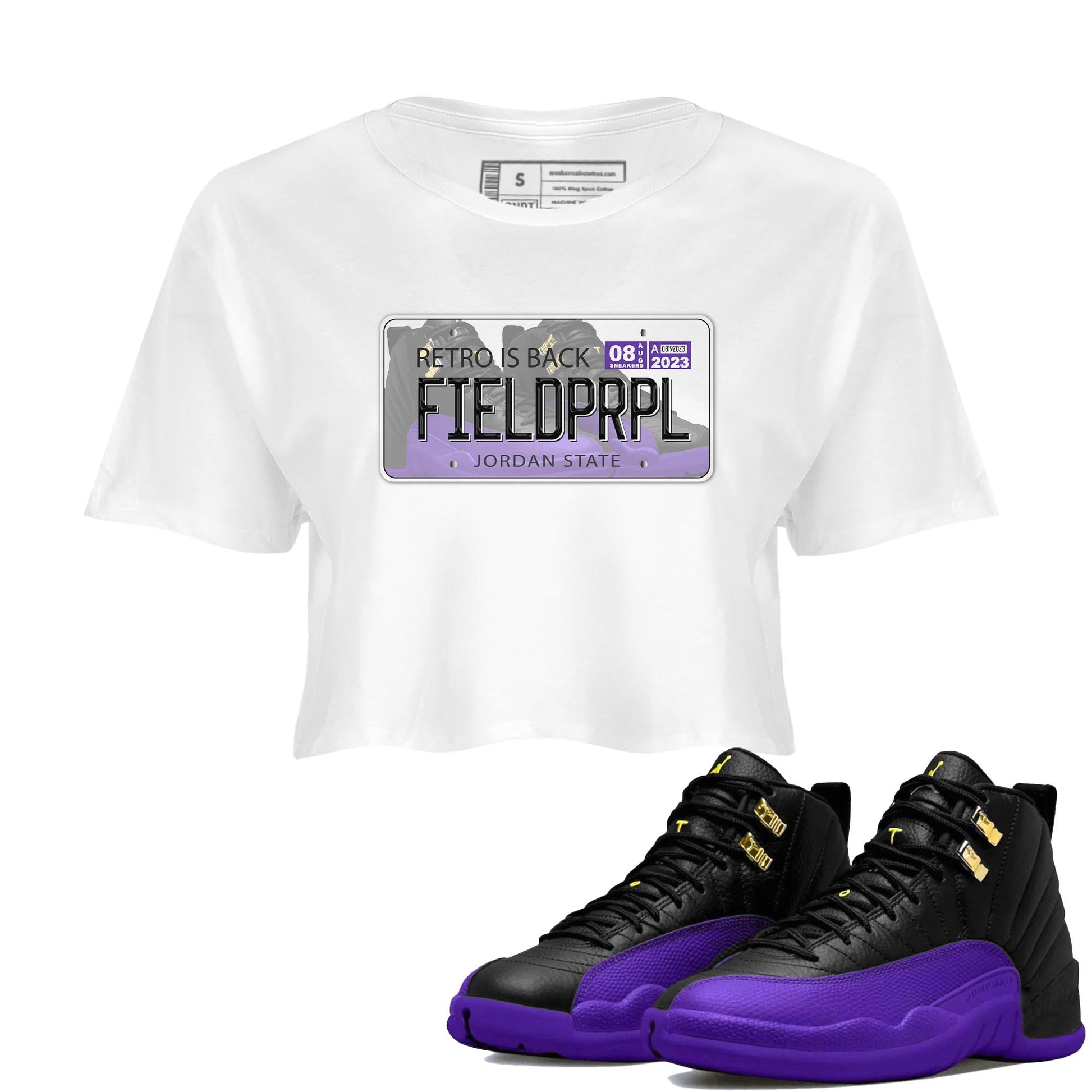 12s Field Purple shirt to match jordans Jordan Plate sneaker tees Air Jordan 12 Field Purple SNRT Sneaker Release Tees White 1 Crop T-Shirt